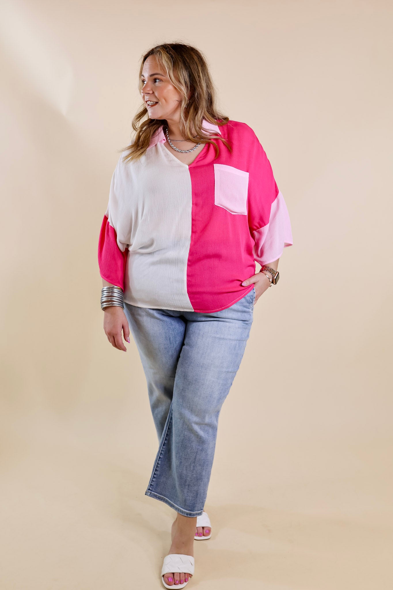 Groovy Tunes Color Block Short Sleeve Top in Pink Mix - Giddy Up Glamour Boutique