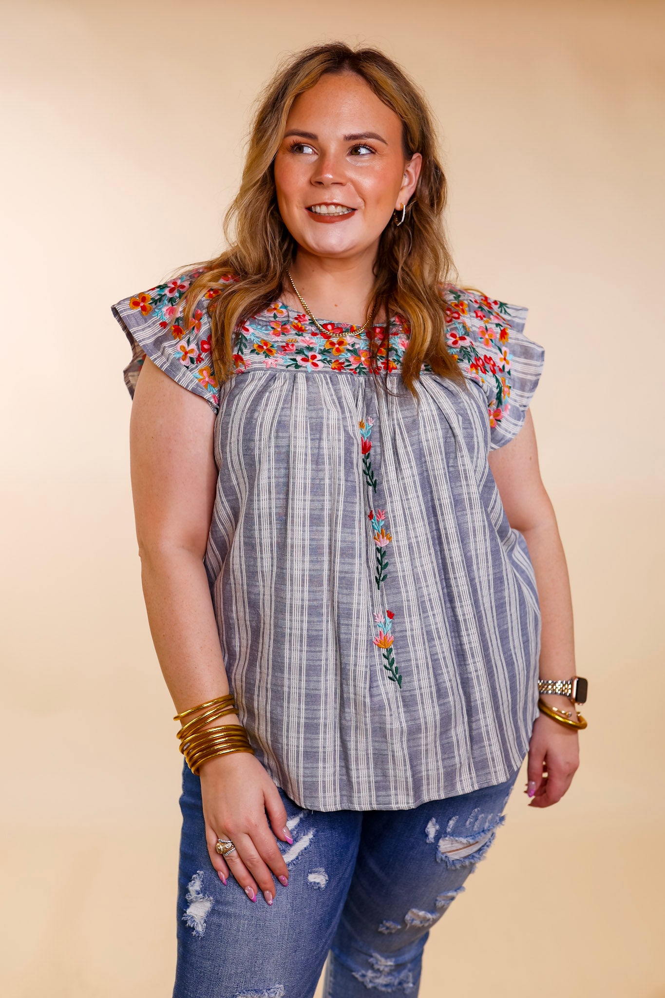 Sweet Success Floral Embroidered Striped Top with Ruffle Cap Sleeves in Dusty Blue - Giddy Up Glamour Boutique