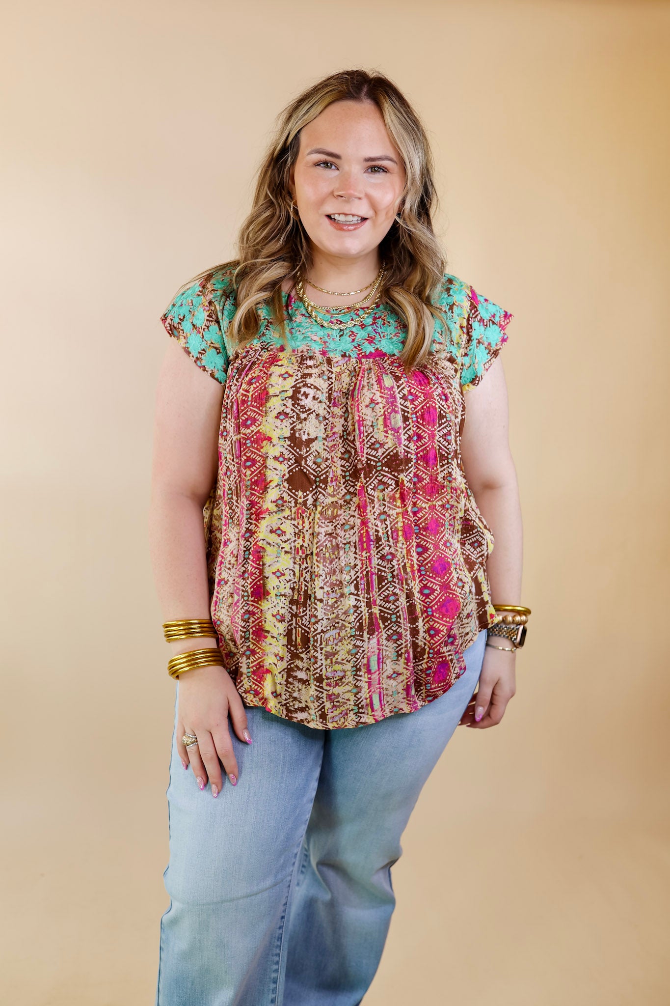 Festival Weather Turquoise Embroidered Tribal Print Top with Ruffle Cap Sleeves in Olive Green Mix - Giddy Up Glamour Boutique