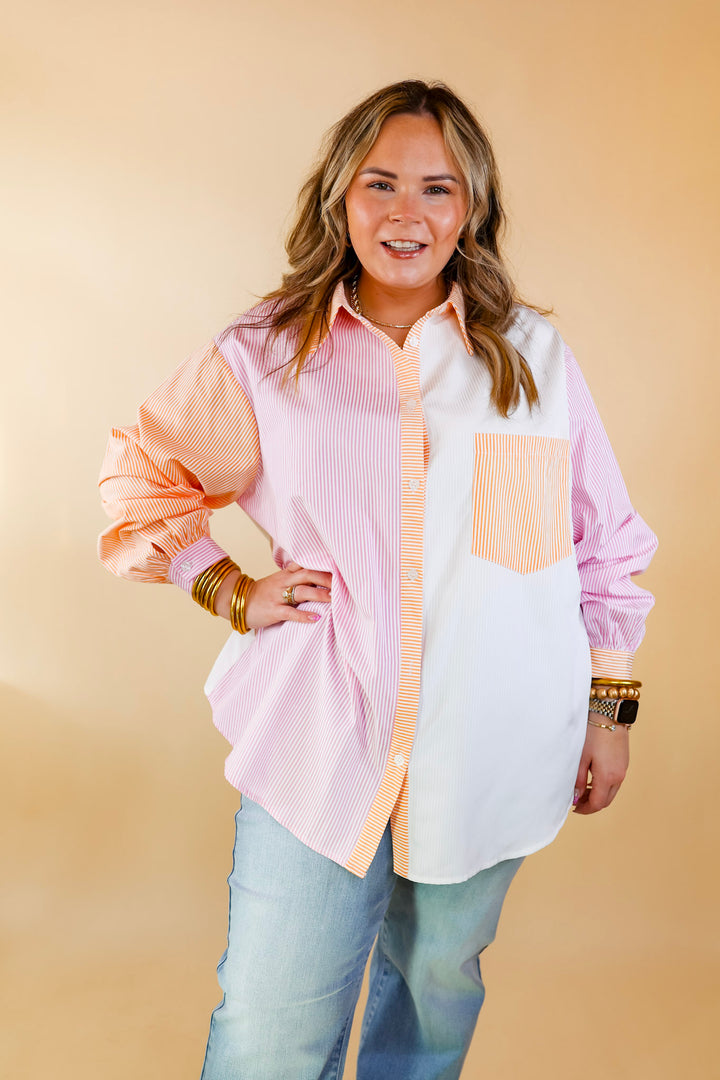 Picture This Pin Stripe Color Block Button Up Top in Pink and Orange - Giddy Up Glamour Boutique
