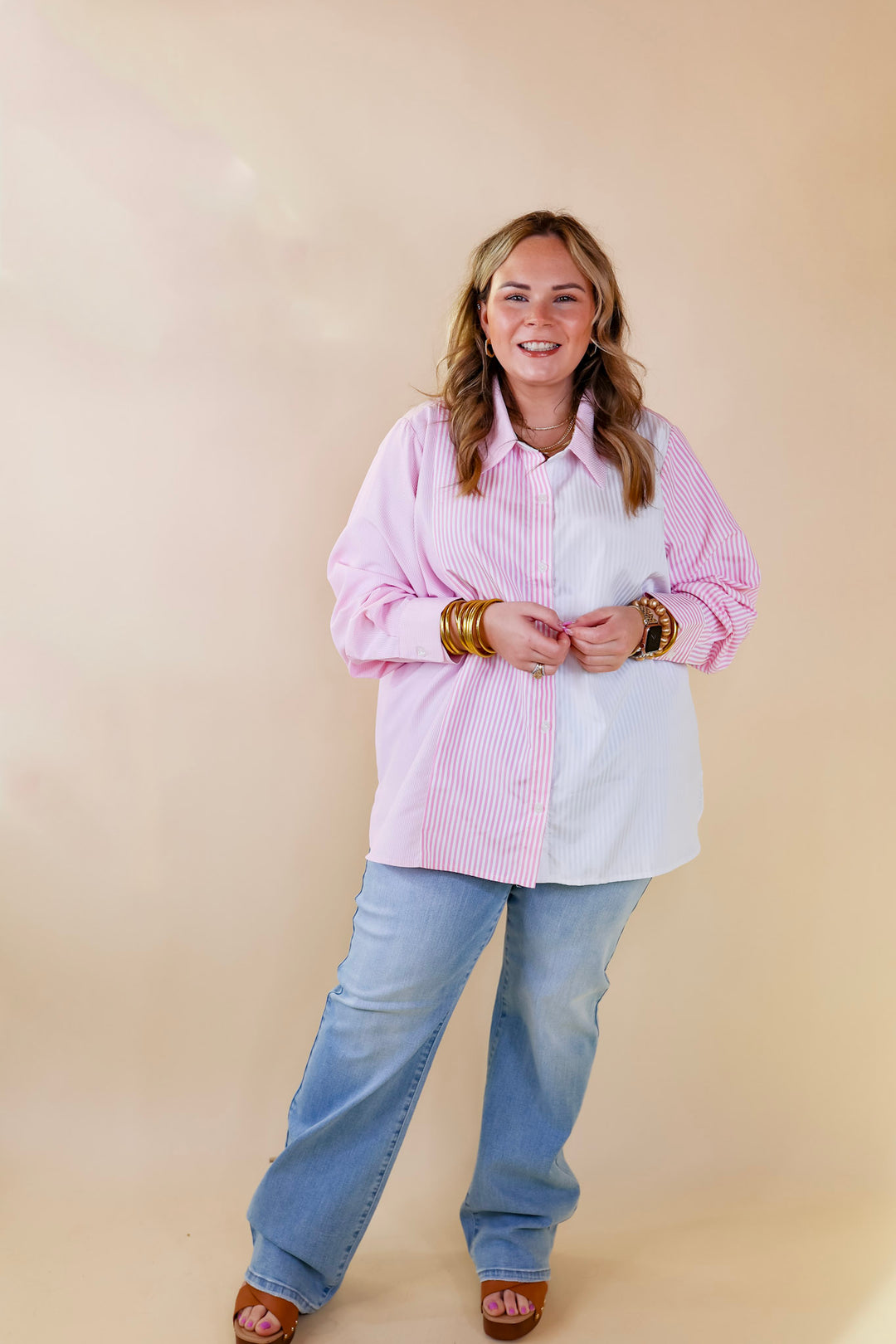 Back To You Pin Stripe Color Block Button Up Top in Pink and White - Giddy Up Glamour Boutique