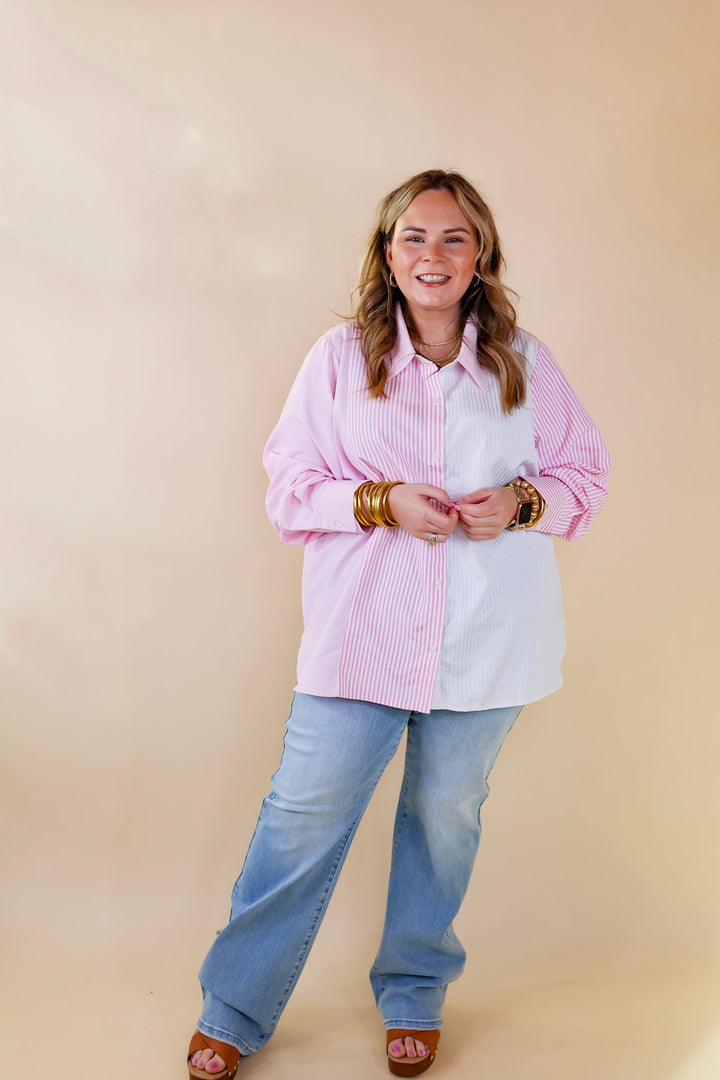 Back To You Pin Stripe Color Block Button Up Top in Pink and White - Giddy Up Glamour Boutique