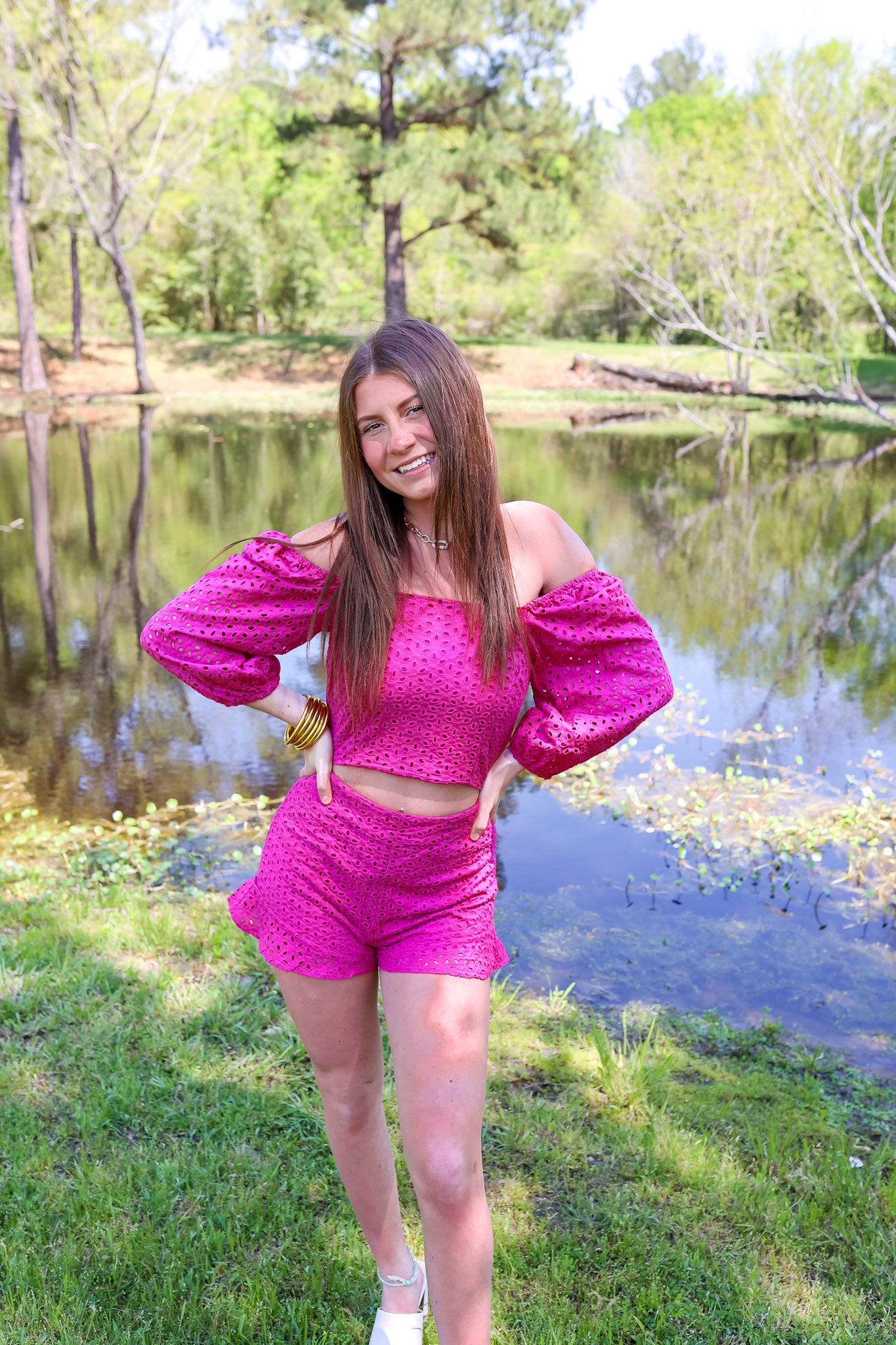 Better By The Boardwalk Eyelet Square Neck 3/4 Sleeve Crop Top in Magenta - Giddy Up Glamour Boutique