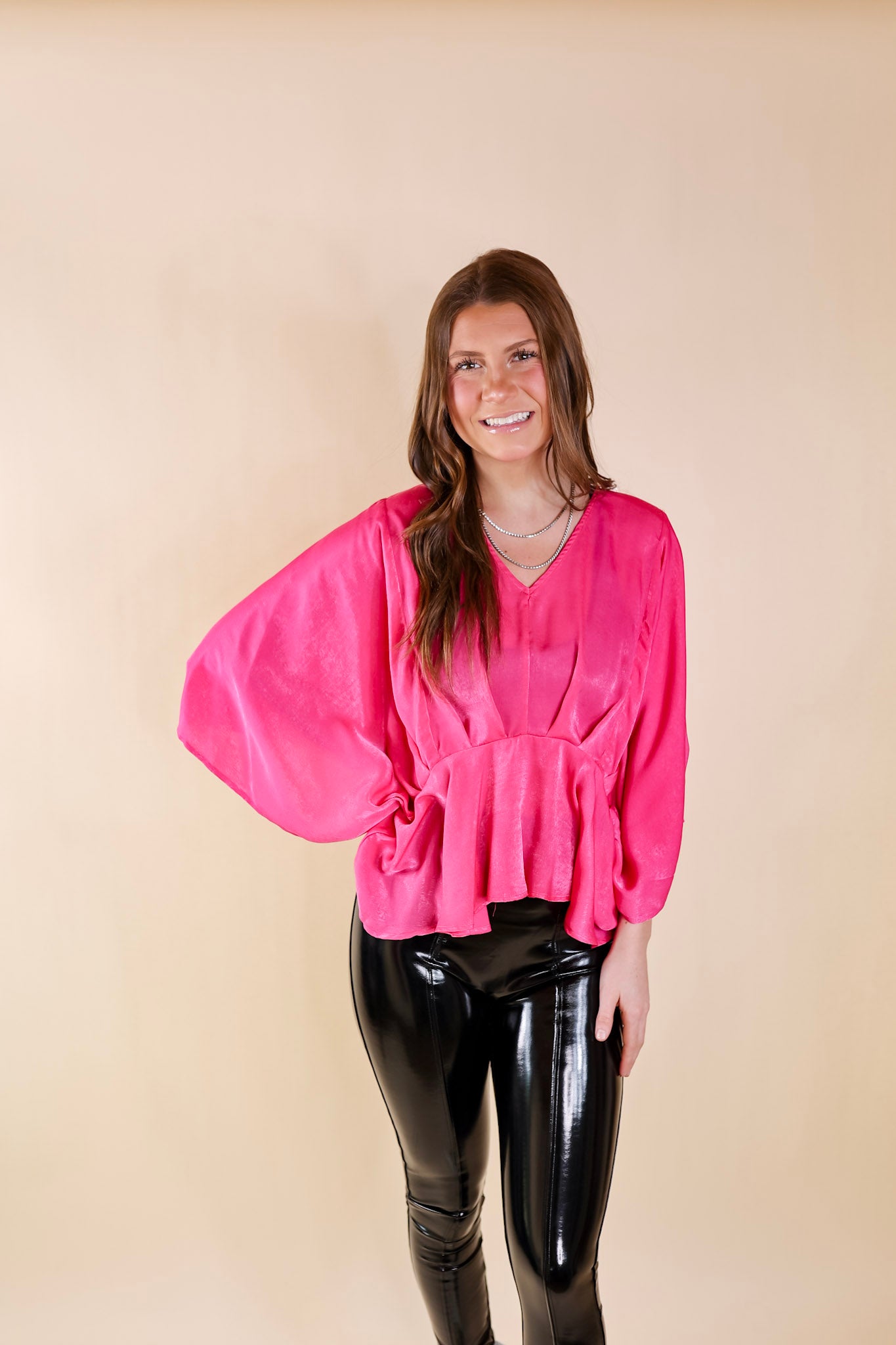 Hear the Music Drop Sleeve Satin V Neck Peplum Top in Hot Pink - Giddy Up Glamour Boutique