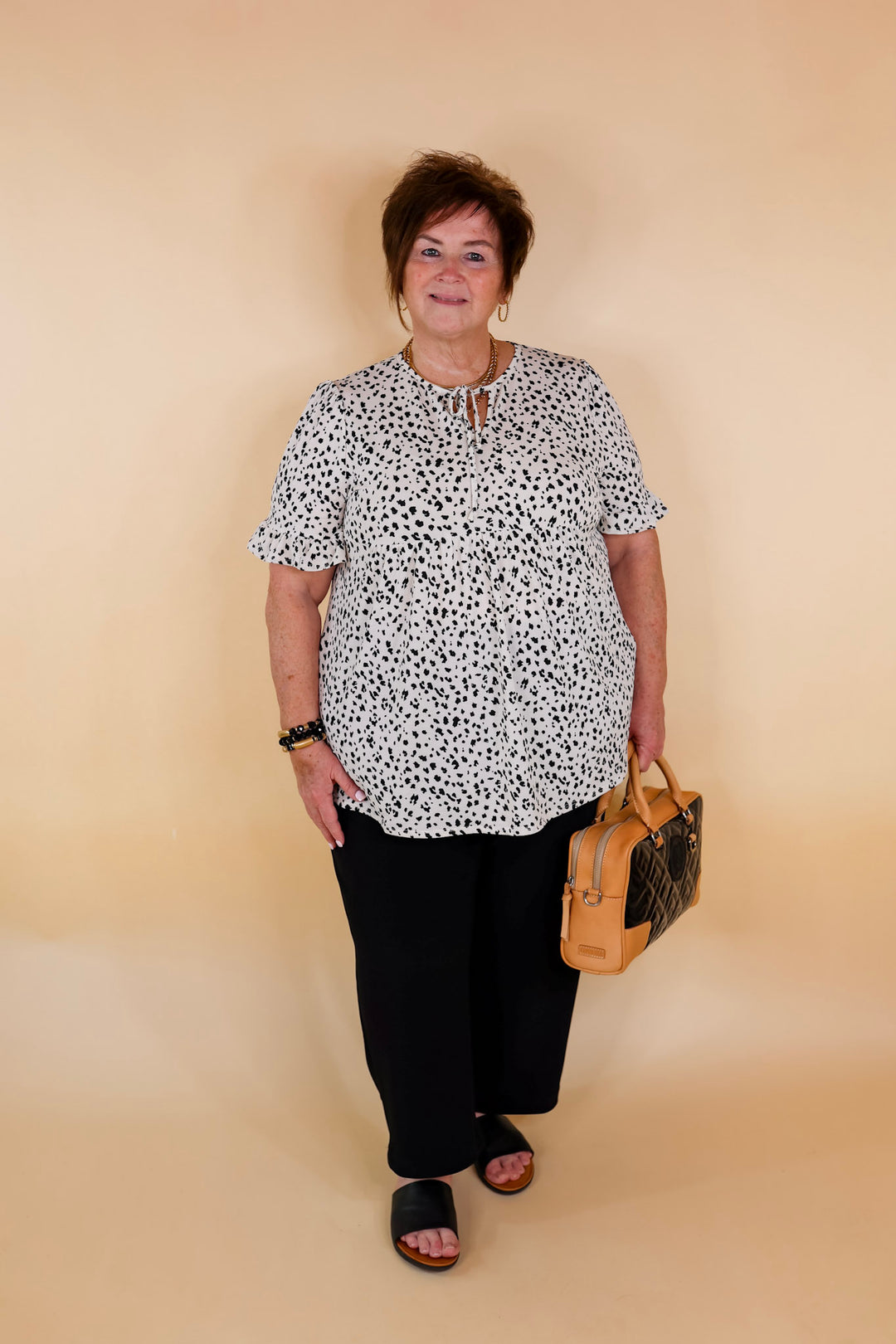 Waiting For A Sign Cheetah Print Babydoll Top with Keyhole and Tie Neckline in Ivory - Giddy Up Glamour Boutique