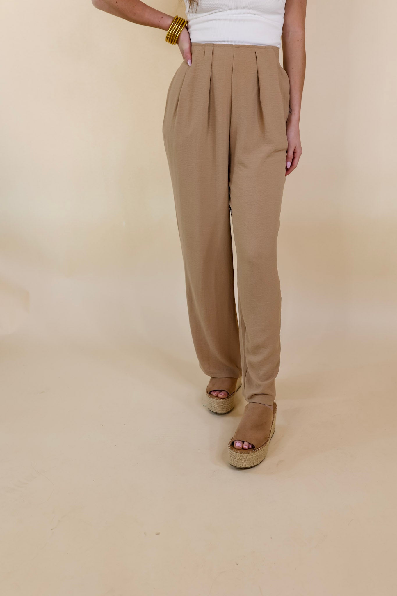 Trading Favors Pleated Detail Pants in Light Tan - Giddy Up Glamour Boutique