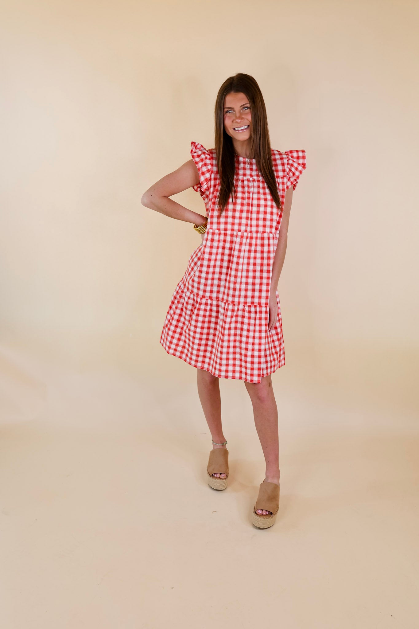 Sunny Pier Gingham Dress with Ruffle Cap Sleeves in Coral Red and White - Giddy Up Glamour Boutique
