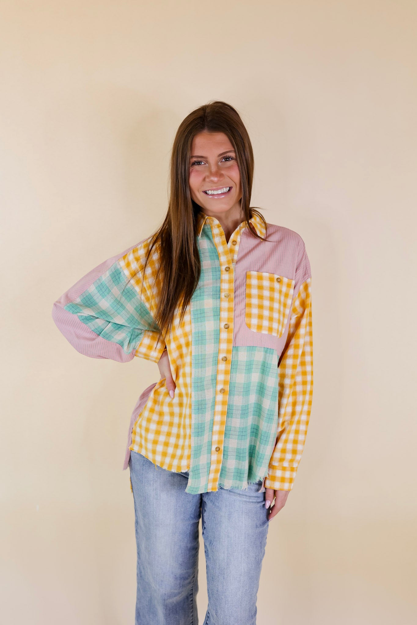 Sandy Shore Plaid Print Block Button Up Top with Raw Hem in Mustard Yellow Mix - Giddy Up Glamour Boutique