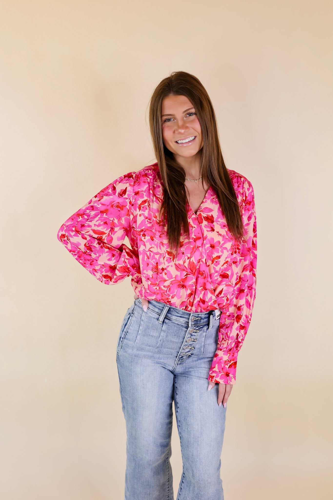 Release Your Inhibitions Floral Long Sleeve Bodysuit in Pink - Giddy Up Glamour Boutique