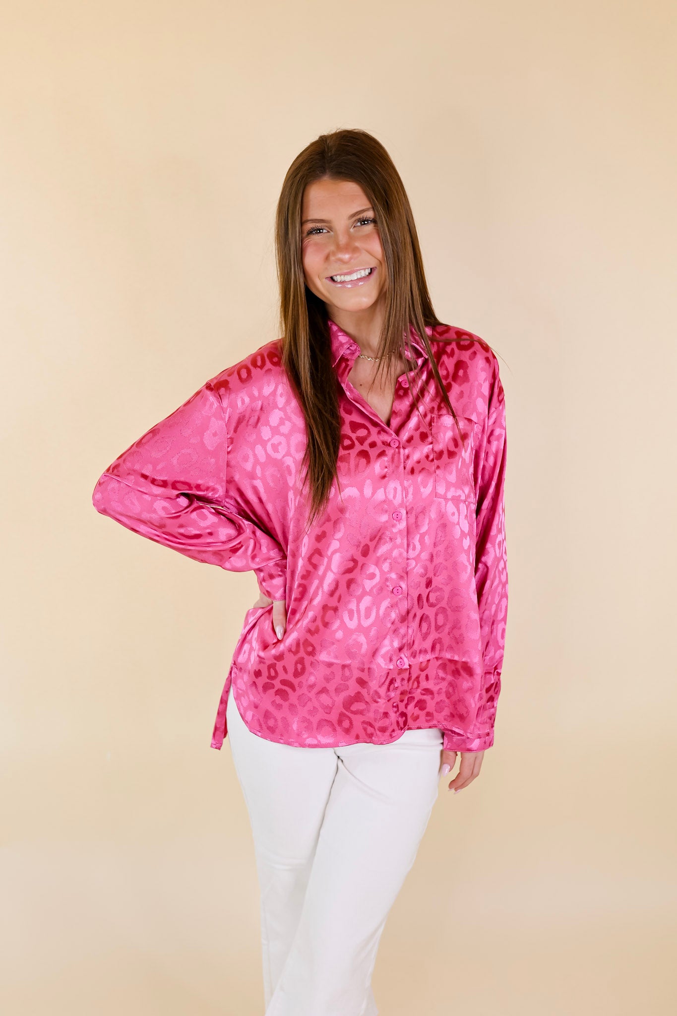 Top It Off Long Sleeve Button Up Satin Leopard Top in Hot Pink - Giddy Up Glamour Boutique