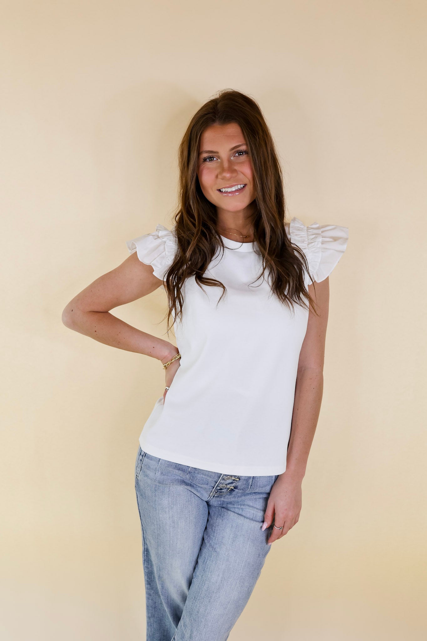 Born To Be Stylish Solid Top with Ruffle Cap Sleeves in Ivory - Giddy Up Glamour Boutique