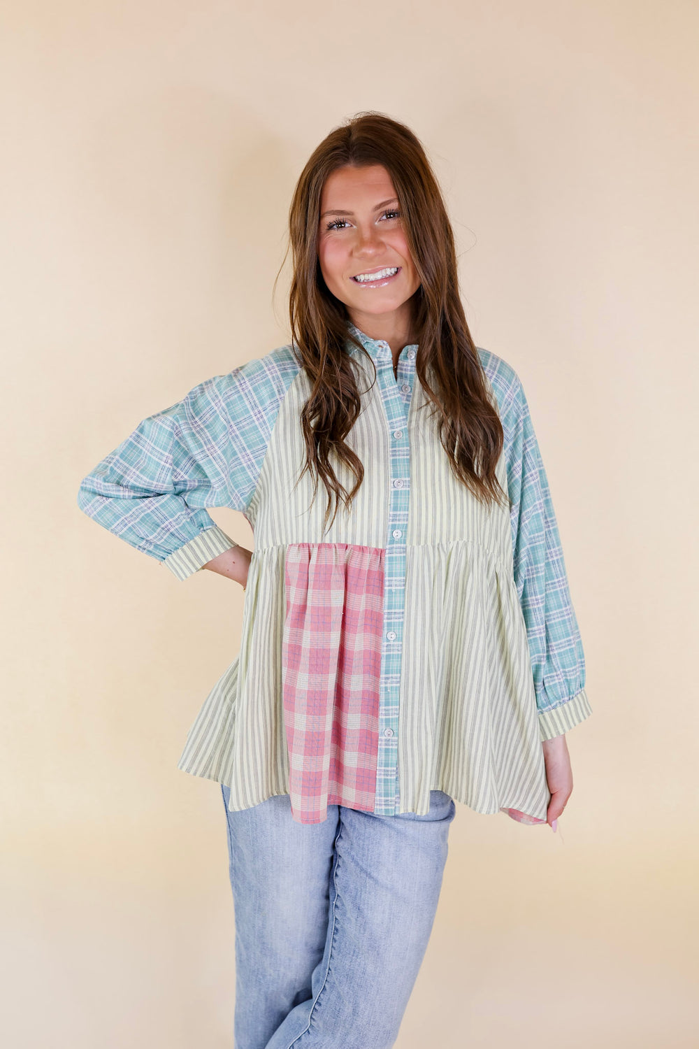 Island Adventure Button Up Mix Print Babydoll Top in Green Mix - Giddy Up Glamour Boutique