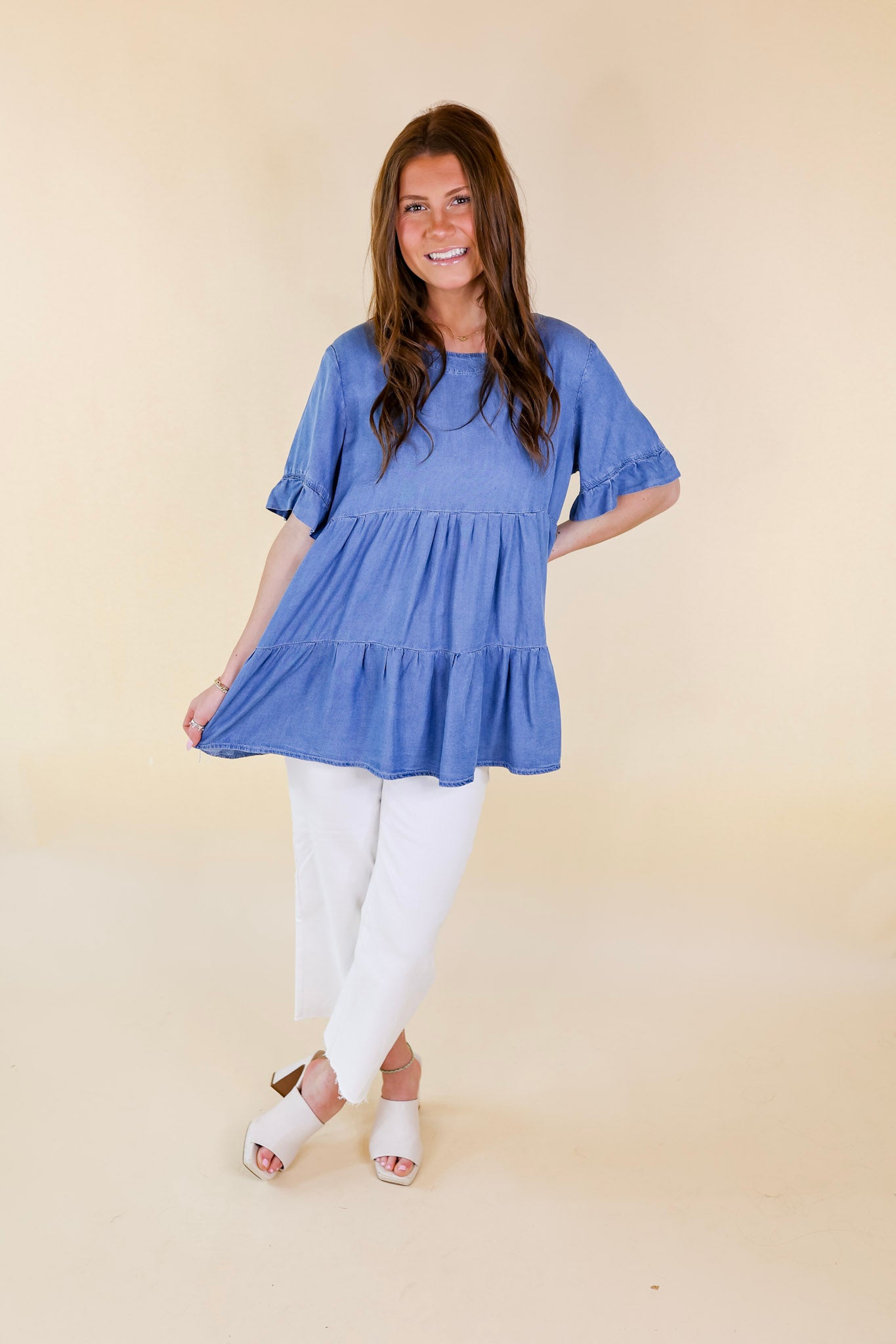 Path To Happiness Denim Tiered Top with Short Sleeves in Medium Wash - Giddy Up Glamour Boutique