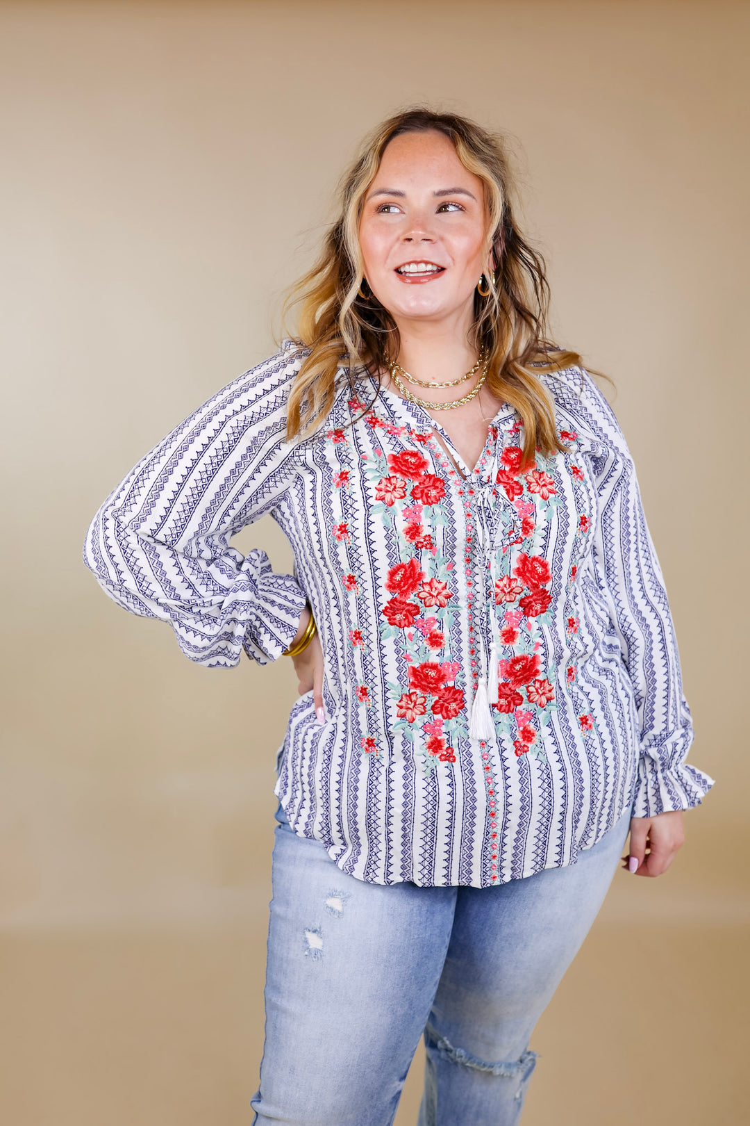 Blissful Beginnings Floral Embroidered Top with Keyhole and Tie Neck in Navy and White - Giddy Up Glamour Boutique