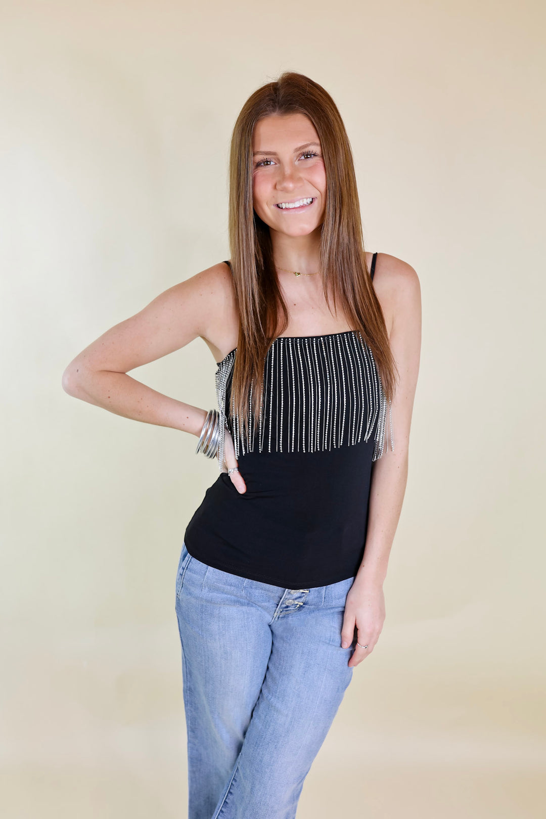 It Crowd Spaghetti Strap Top with Crystal Fringe in Black - Giddy Up Glamour Boutique