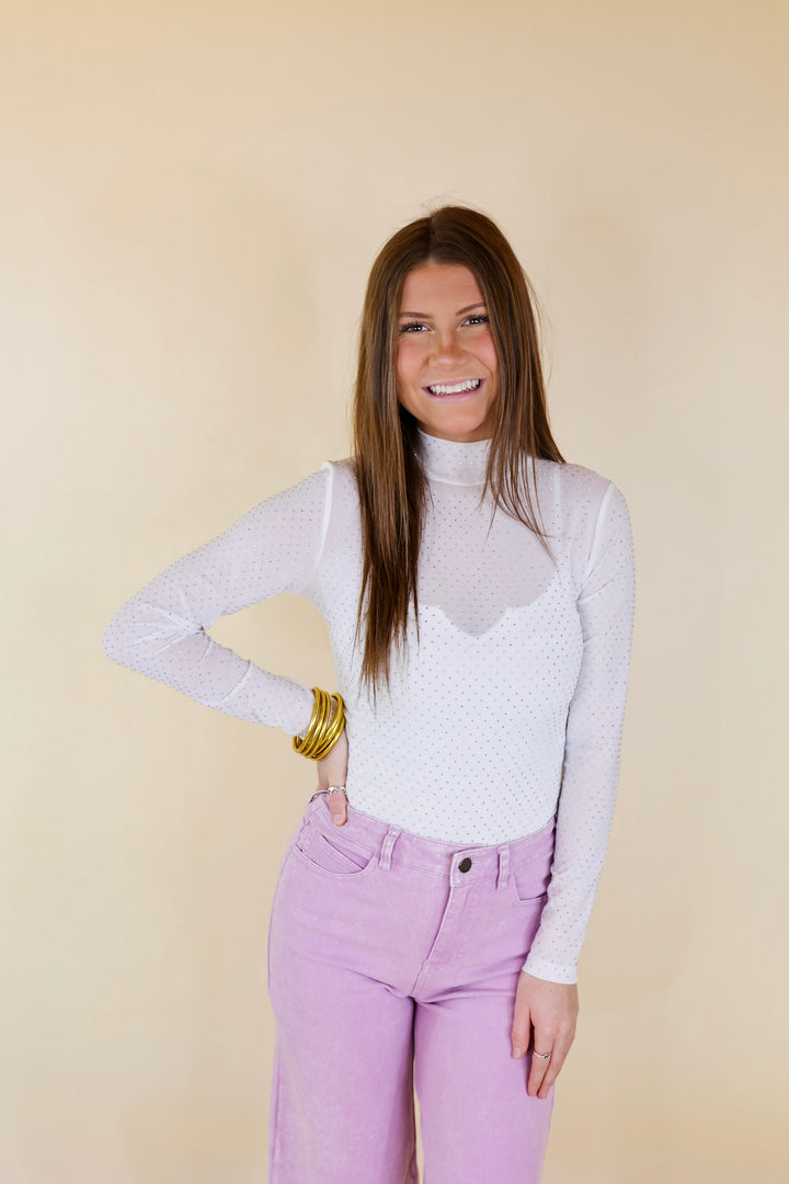 Try Your Luck Crystal Mesh Long Sleeve Bodysuit in White - Giddy Up Glamour Boutique
