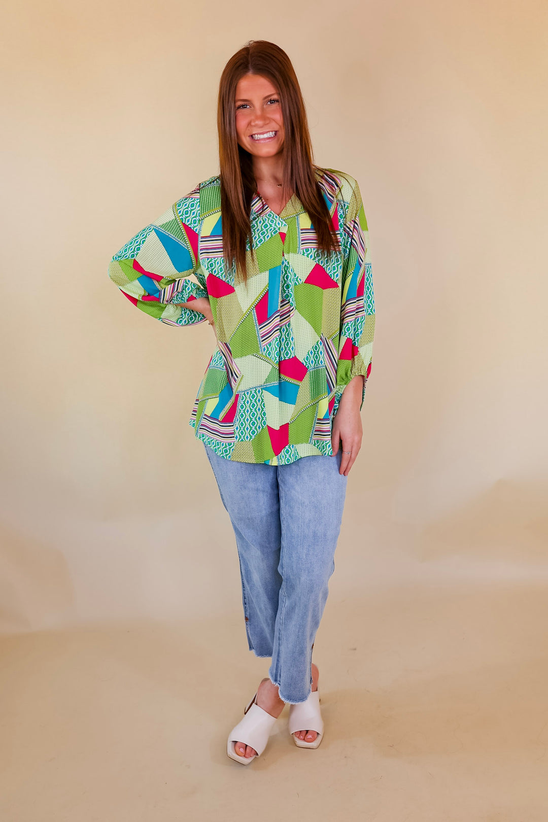 Eyes On Paradise Mix Patch Print Blouse with 3/4 Sleeves in Green Mix - Giddy Up Glamour Boutique
