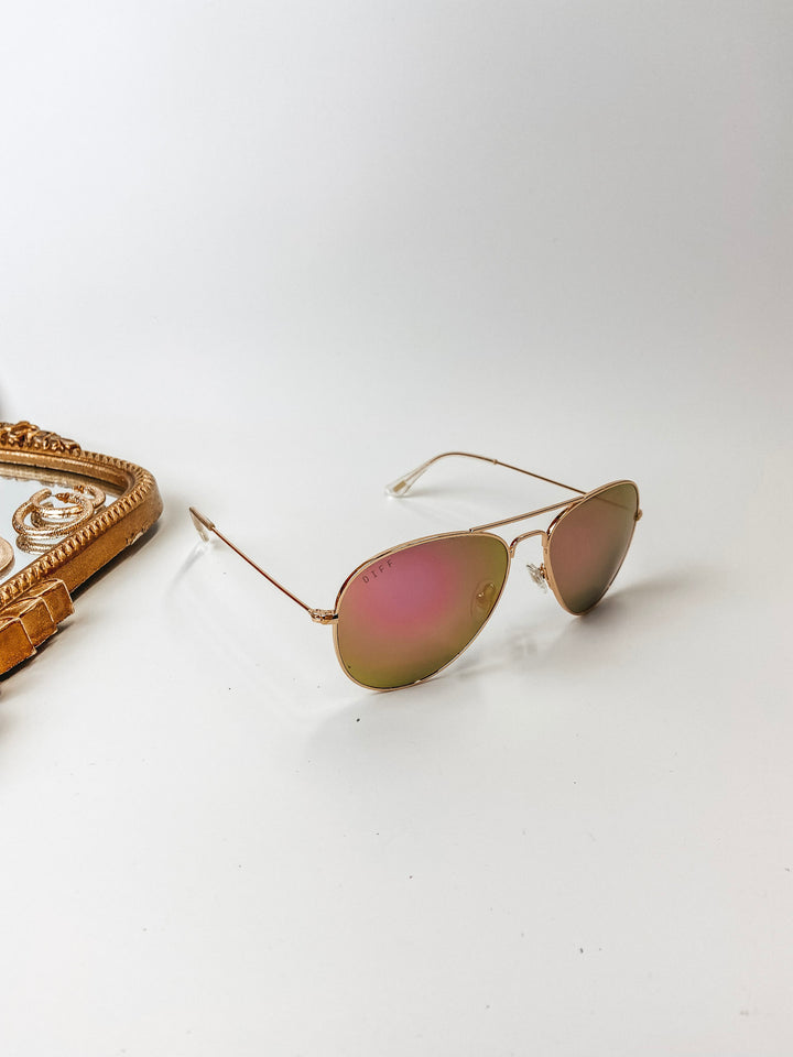 DIFF | Cruz Pink Mirror Aviator Sunglasses in Gold Tone - Giddy Up Glamour Boutique