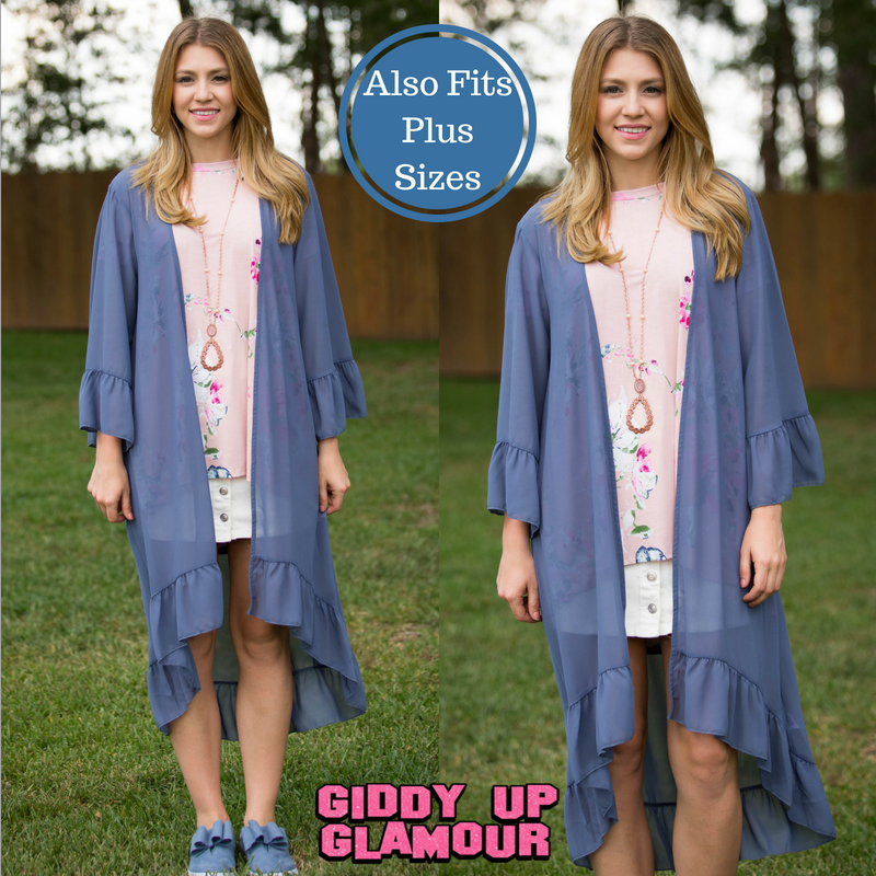 Listen to the Wind Sheer Duster with Ruffle Trim in Dusty Blue - Giddy Up Glamour Boutique