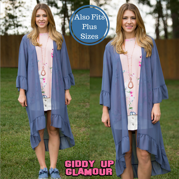 Listen to the Wind Sheer Duster with Ruffle Trim in Dusty Blue - Giddy Up Glamour Boutique