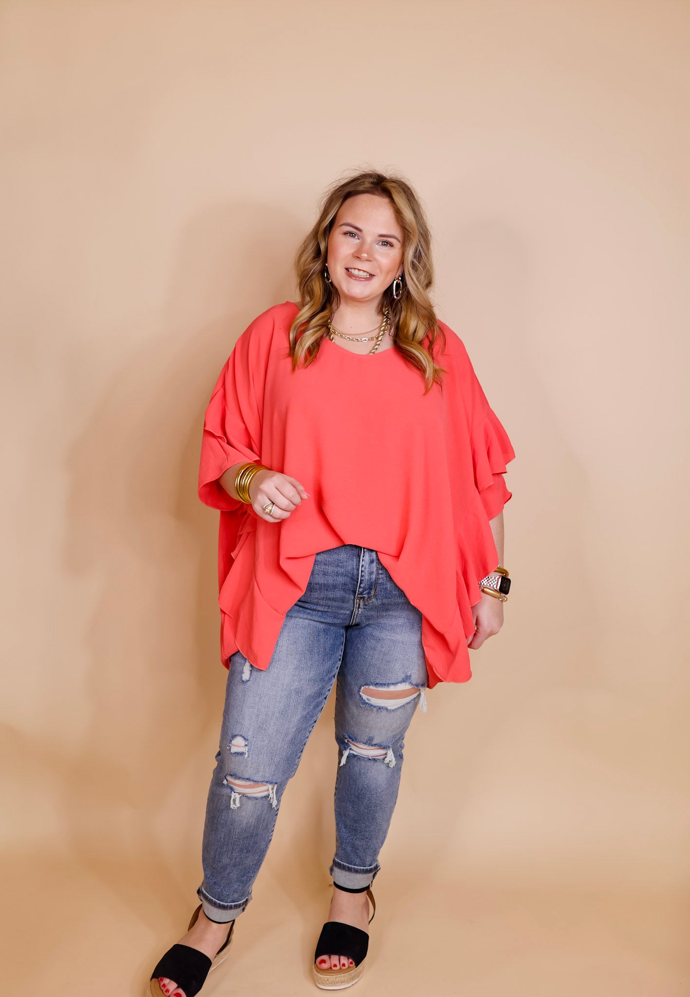 Plus Sizes | Sip of Spring Ruffle Sleeve Shift Top with V Neckline in Coral Pink - Giddy Up Glamour Boutique