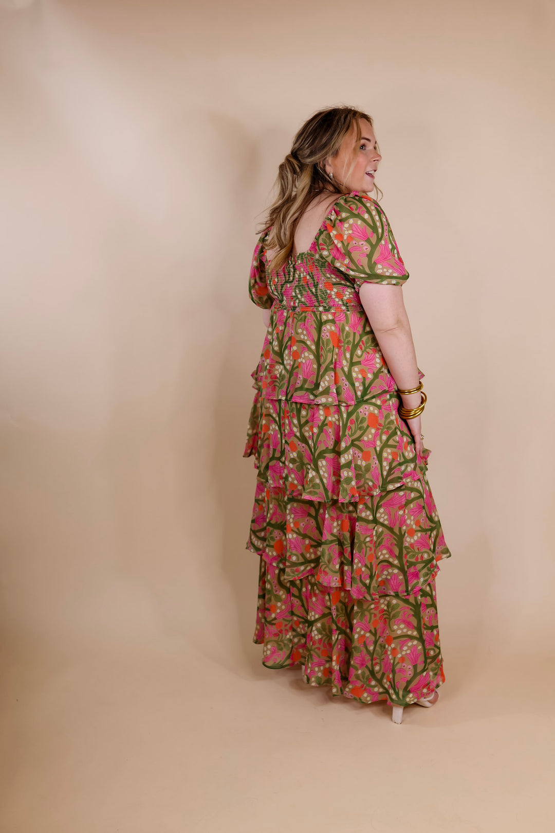 Fun Feeling Floral Tiered Maxi Dress with Smocked Balloon Sleeves in Green Mix - Giddy Up Glamour Boutique