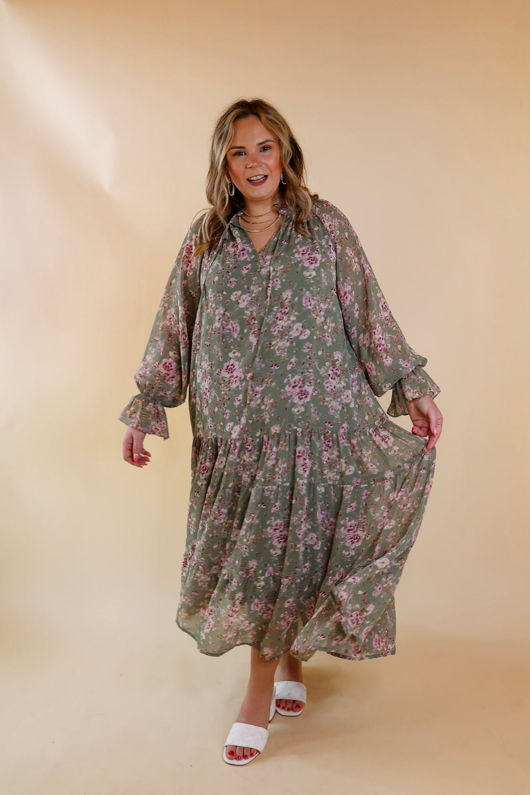 Tuscan Nights Long Sleeve High Neck Floral Midi Dress in Sage - Giddy Up Glamour Boutique