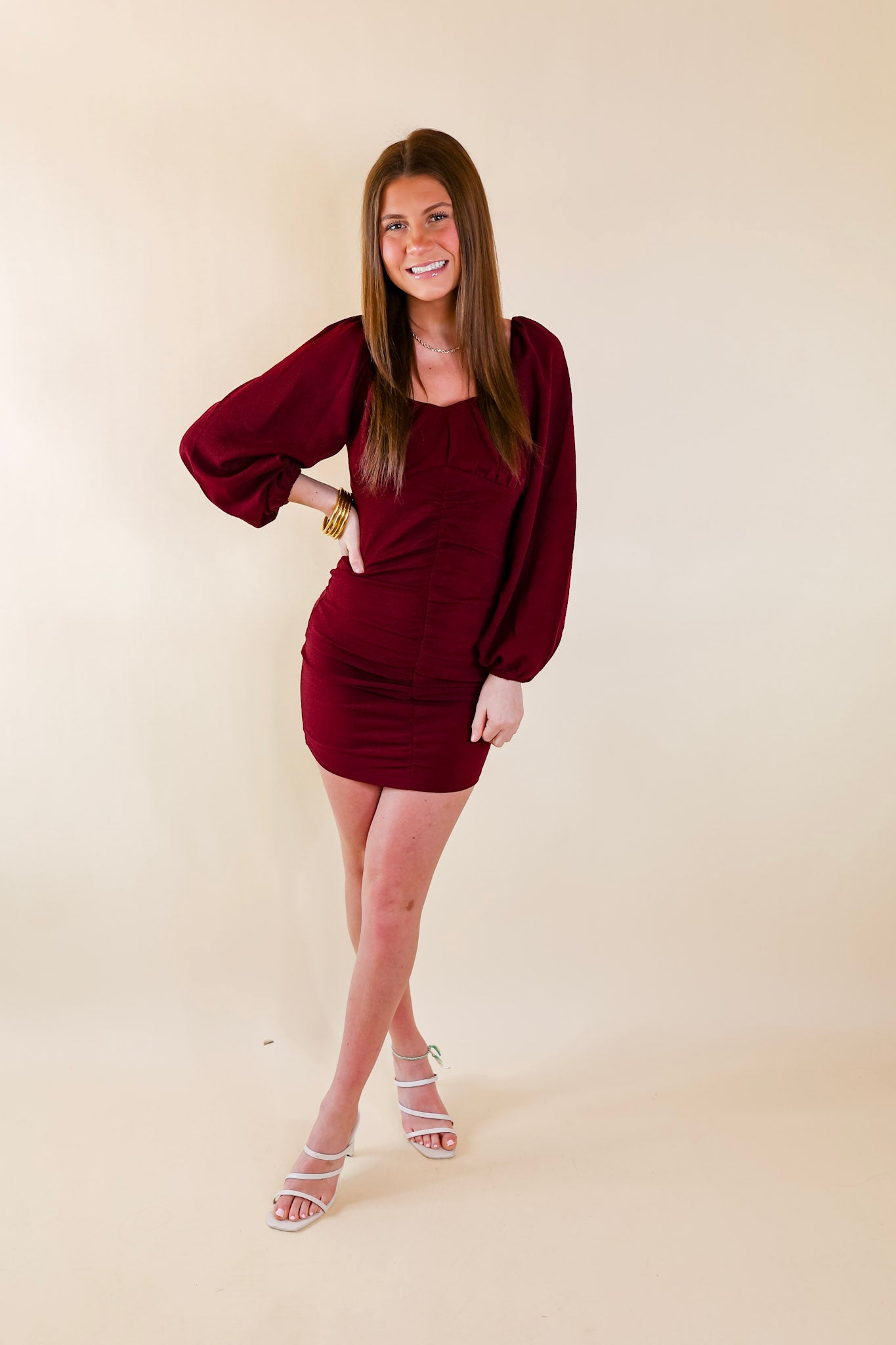 Take A Photo Ruched Dress with Long Sleeves in Maroon - Giddy Up Glamour Boutique