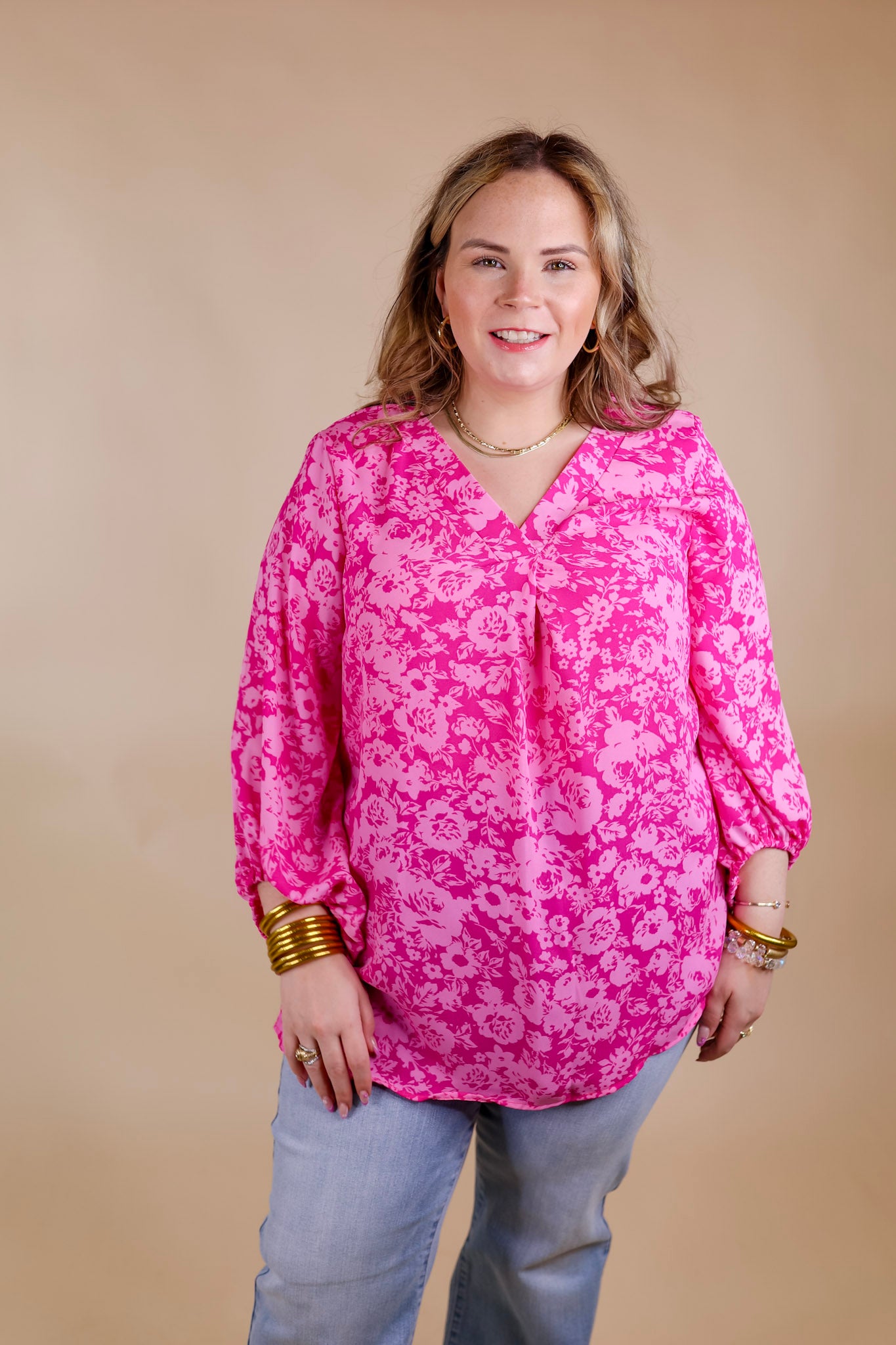 Eyes On Paradise Floral Print Blouse with 3/4 Sleeves in Pink - Giddy Up Glamour Boutique