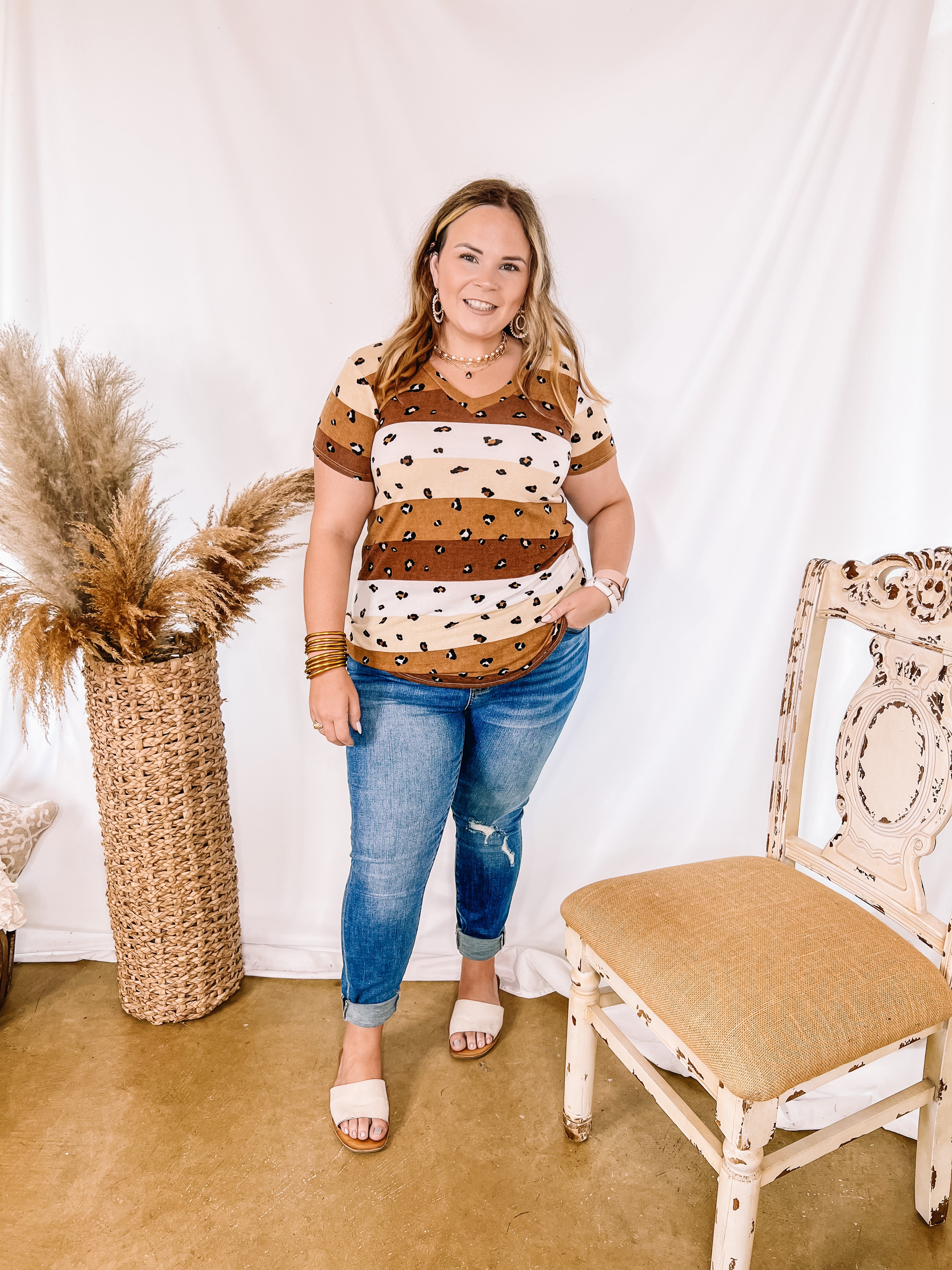 Keep Things Simple V Neck Striped and Animal Print Short Sleeve Tee Shirt in Brown Mix - Giddy Up Glamour Boutique