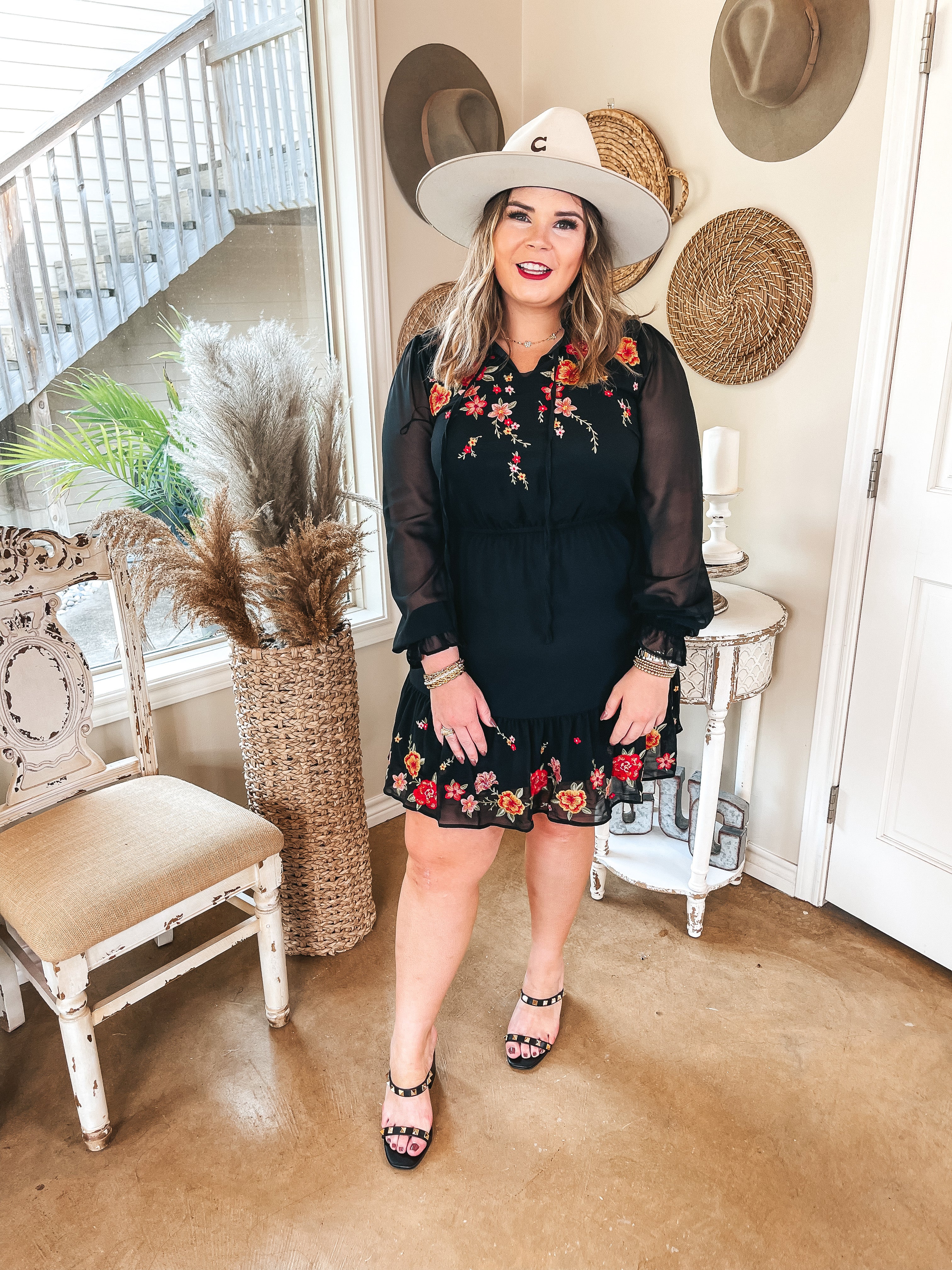 Hidden Attraction Long Sleeve Floral Embroidered Dress with Keyhole Neck in Black - Giddy Up Glamour Boutique
