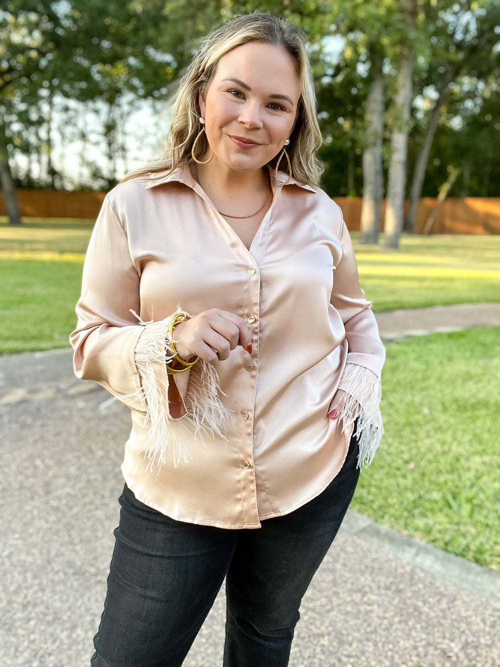 Take a Chance Satin Button Up Top with Feather Trim Long Sleeves in Champagne - Giddy Up Glamour Boutique
