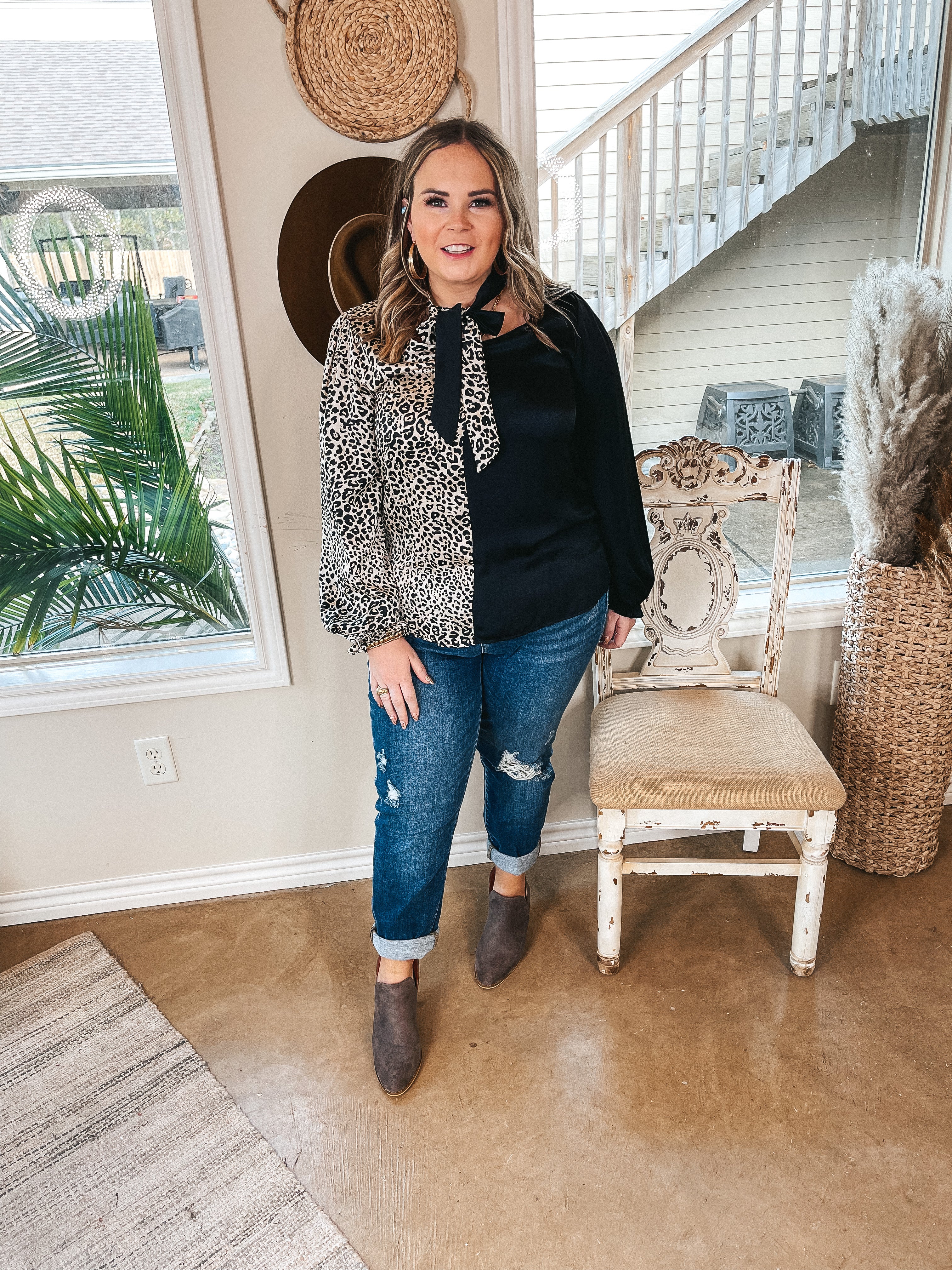 Black Leopard Color Block Tie Neck Blouse fit and styling