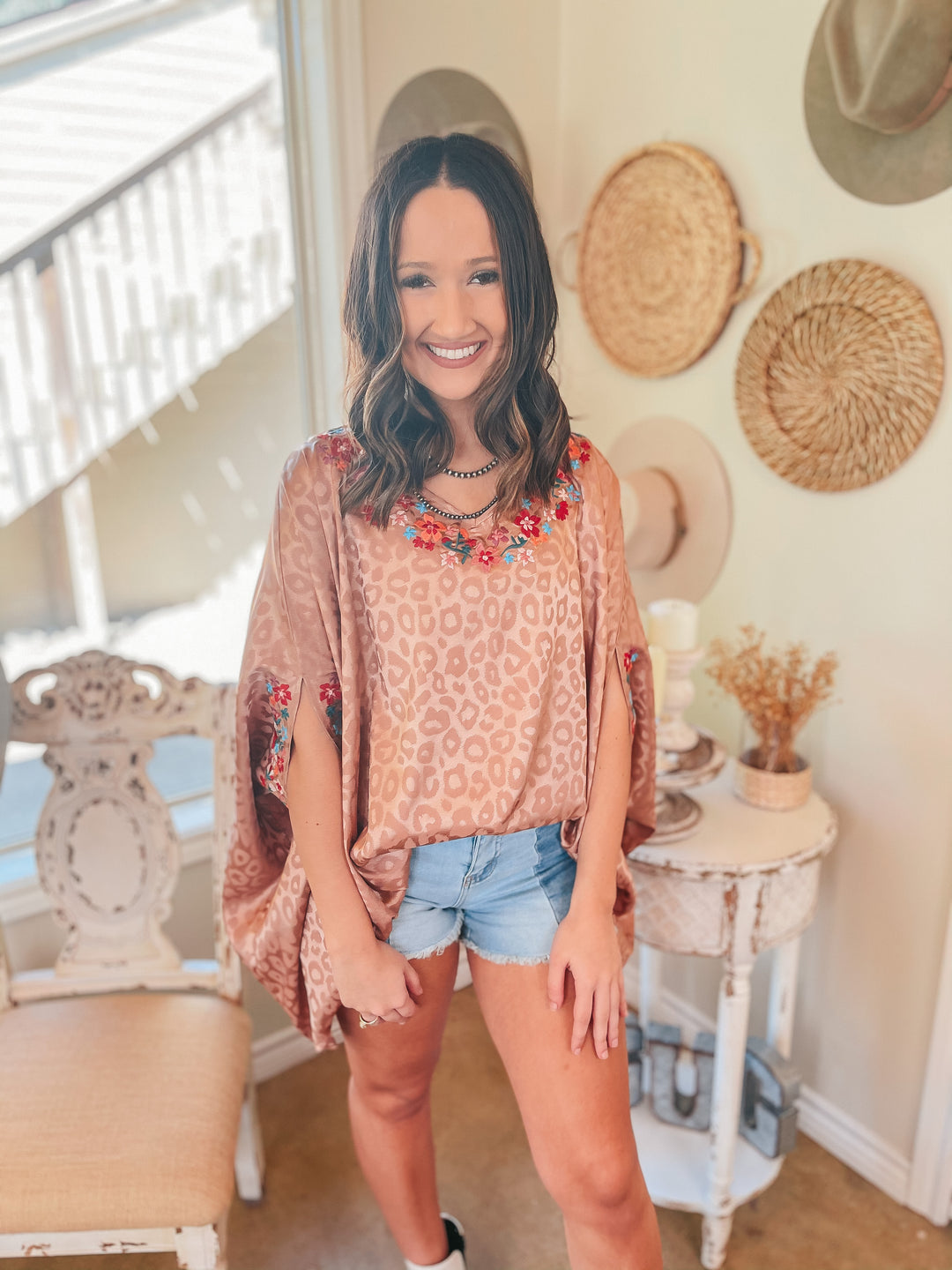 Destination Dreaming Metallic Leopard Poncho Top with Multicolor Embroidered Trim in Copper - Giddy Up Glamour Boutique