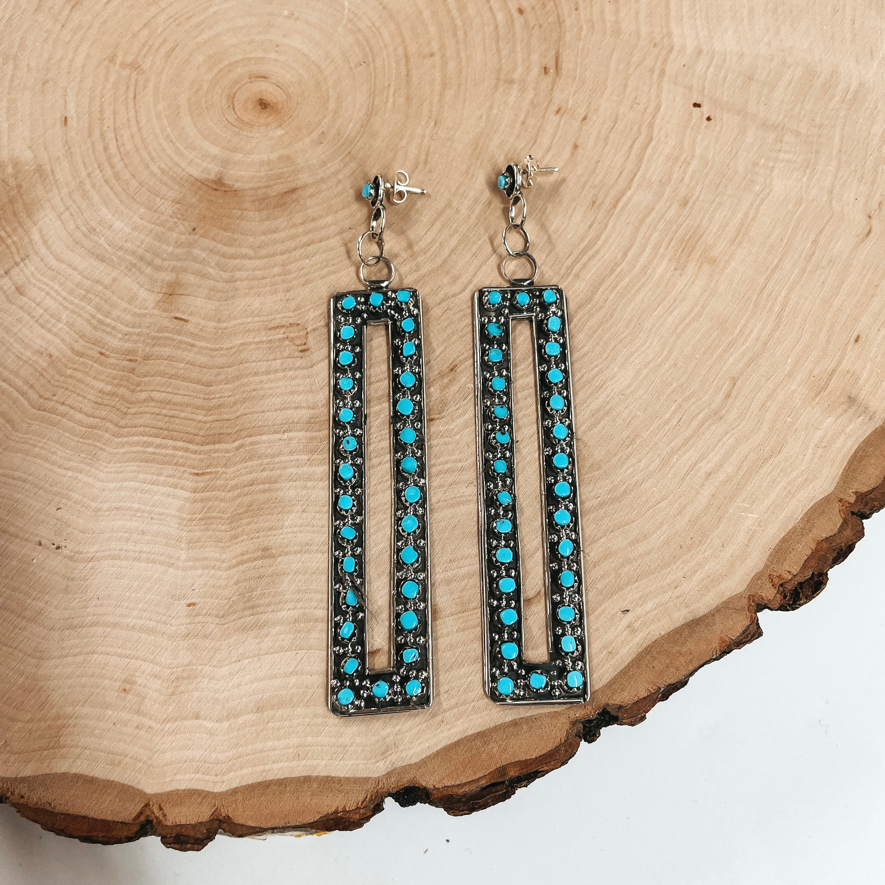 Zuni  | Zuni Handmade Sterling Silver Rectangle Post Stud and Dangle Earrings with Turquoise Stones - Giddy Up Glamour Boutique