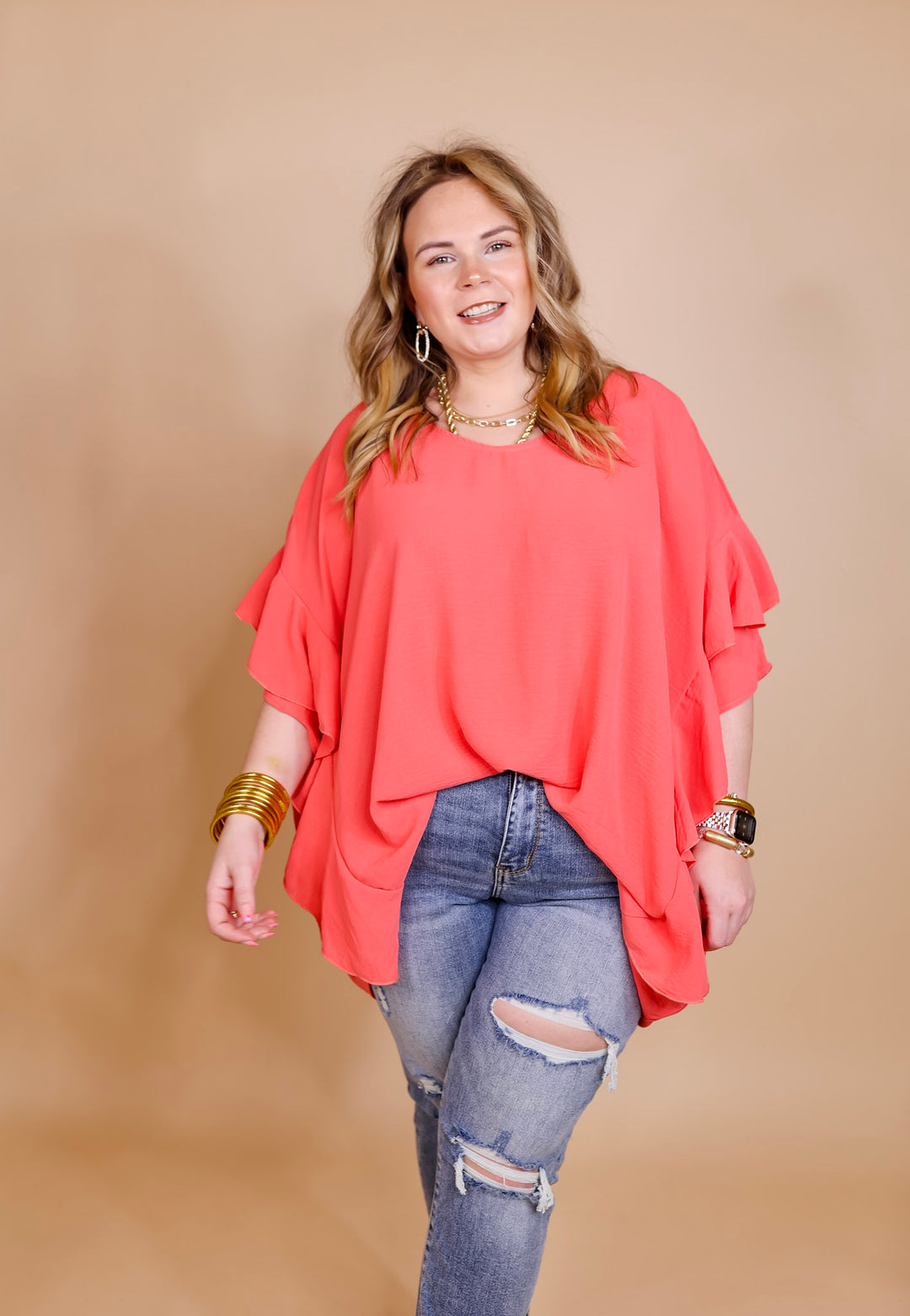 Plus Sizes | Sip of Spring Ruffle Sleeve Shift Top with V Neckline in Coral Pink - Giddy Up Glamour Boutique