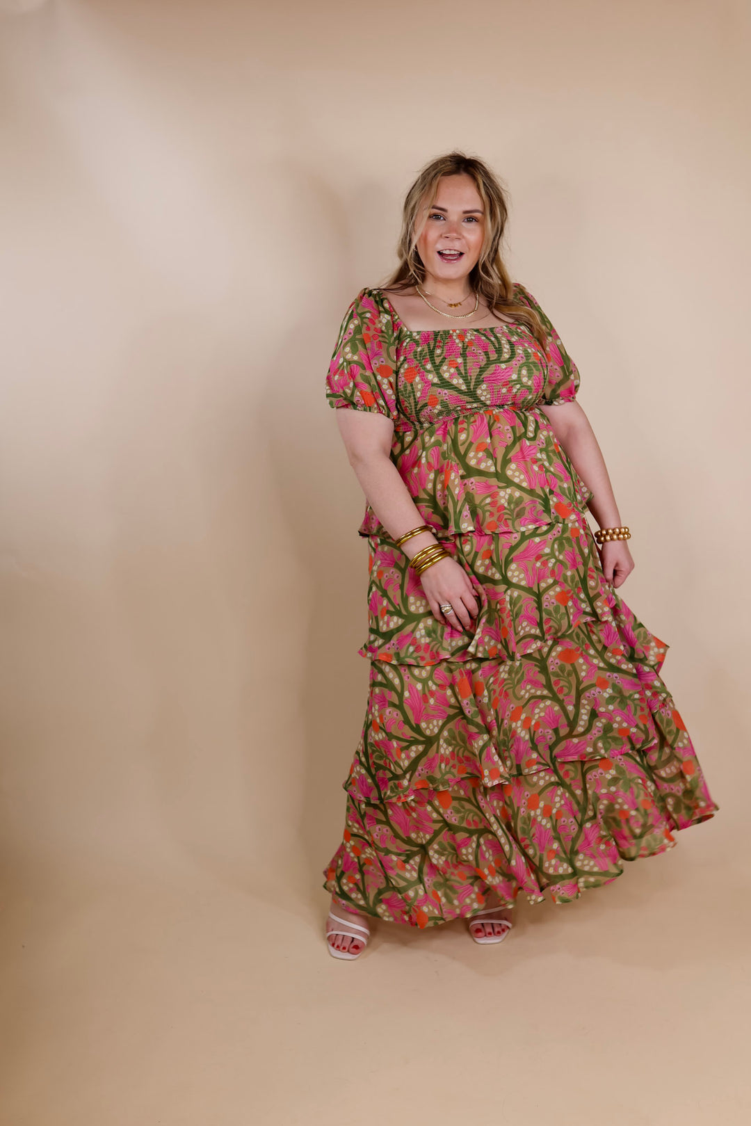 Fun Feeling Floral Tiered Maxi Dress with Smocked Balloon Sleeves in Green Mix - Giddy Up Glamour Boutique