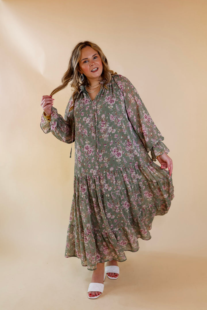 Tuscan Nights Long Sleeve High Neck Floral Midi Dress in Sage - Giddy Up Glamour Boutique