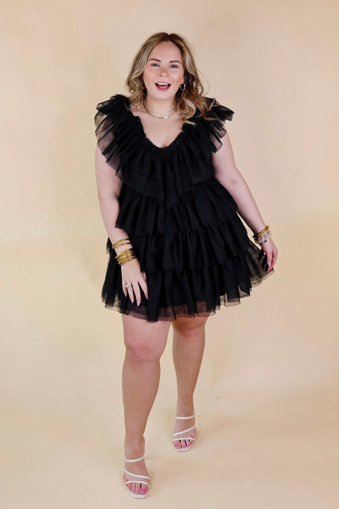 Dazzle The Room Tulle Tiered Dress in Black - Giddy Up Glamour Boutique