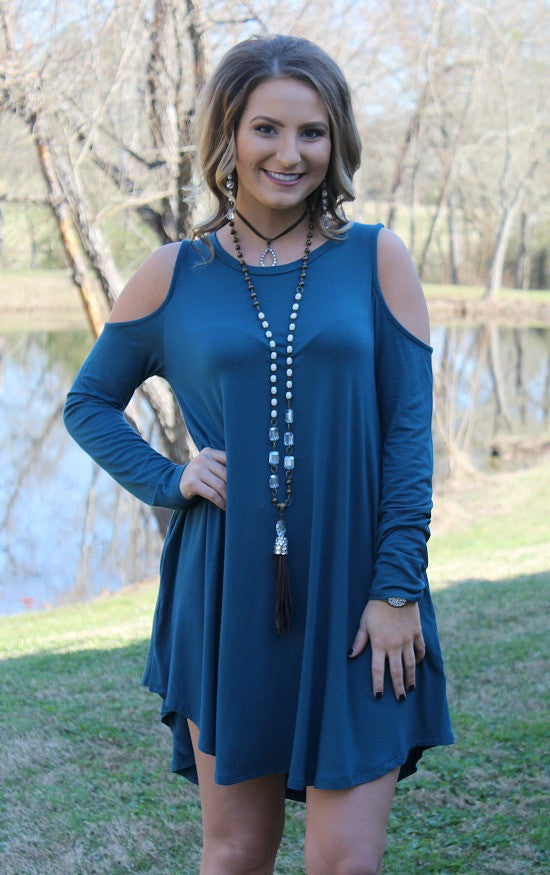 Last Chance Size Small & Medium | Fill Me In Cold Shoulder Dress in Teal - Giddy Up Glamour Boutique