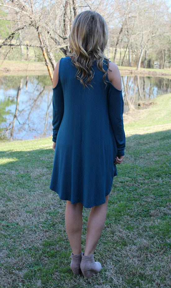 Last Chance Size Small & Medium | Fill Me In Cold Shoulder Dress in Teal - Giddy Up Glamour Boutique