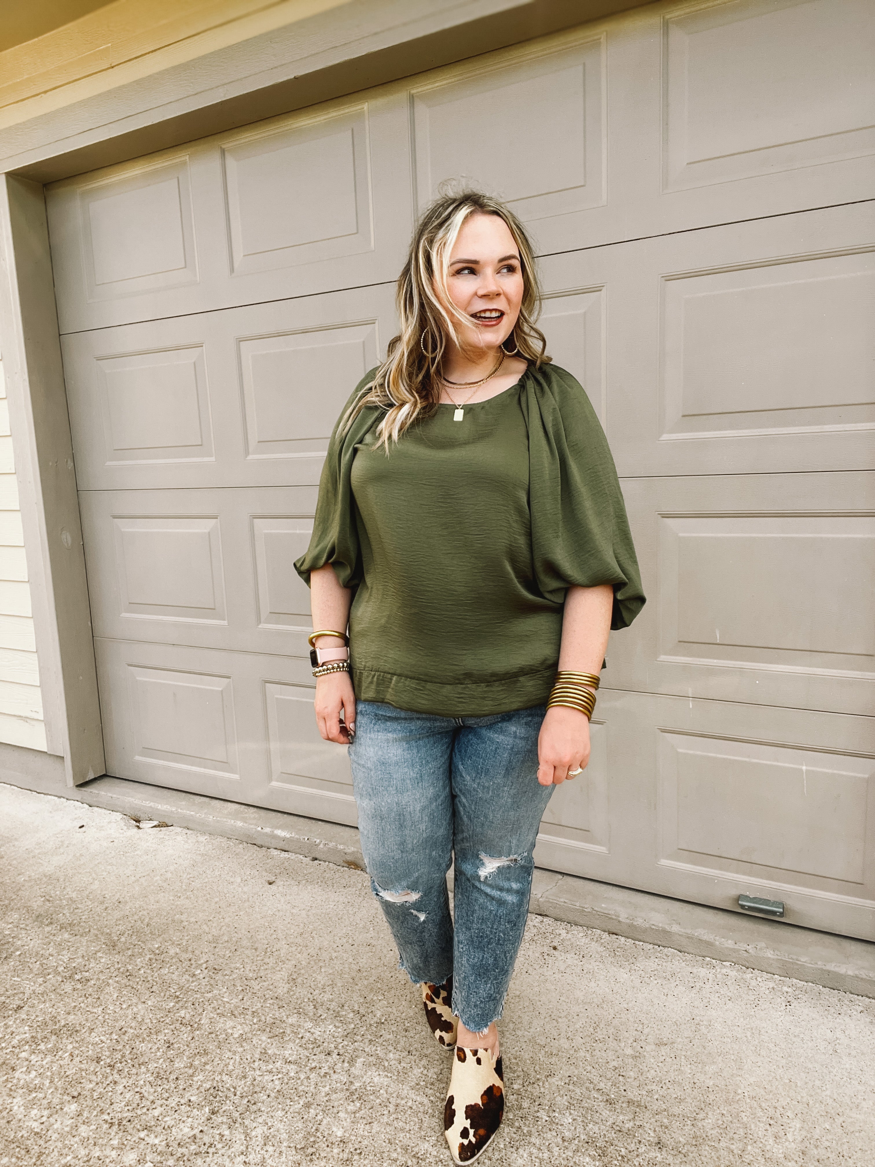 Flash A Smile Half Balloon Sleeve Satin Blouse in Olive Green - Giddy Up Glamour Boutique