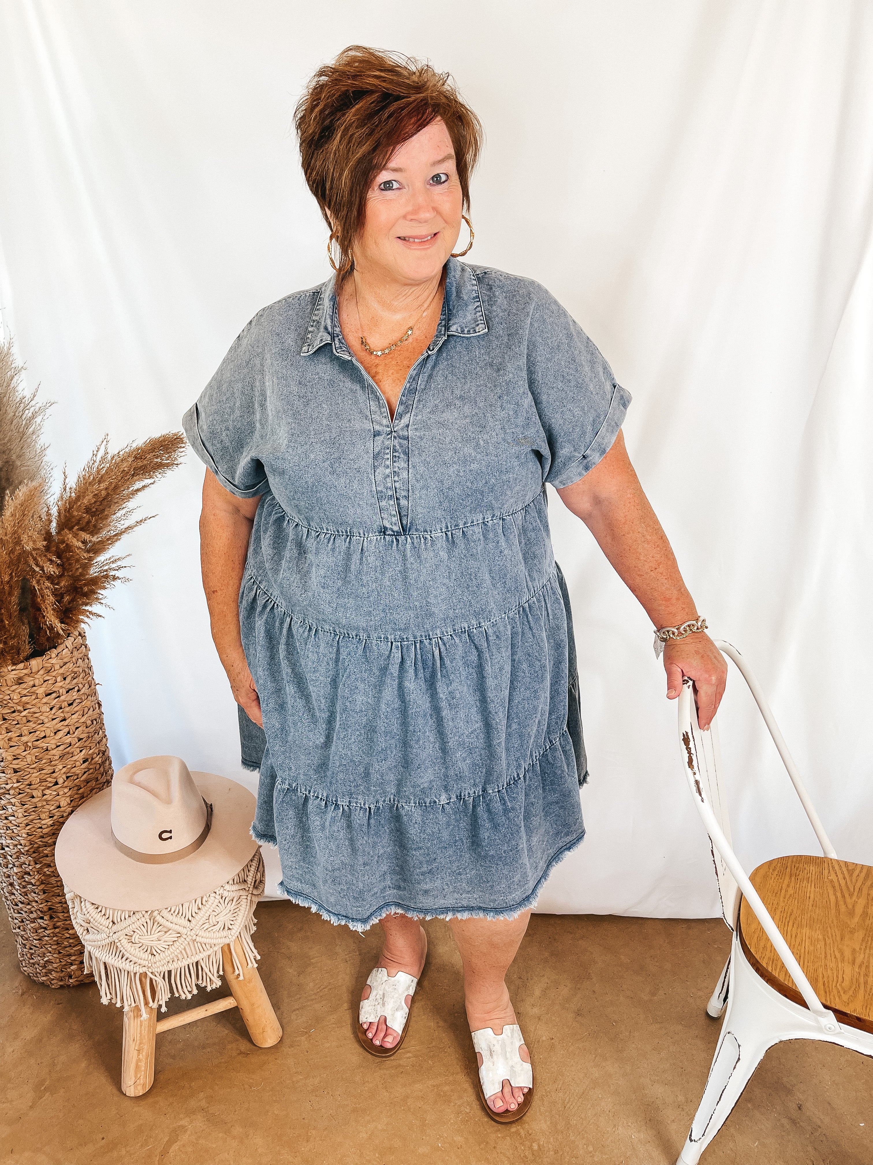 Tiered denim dress sale