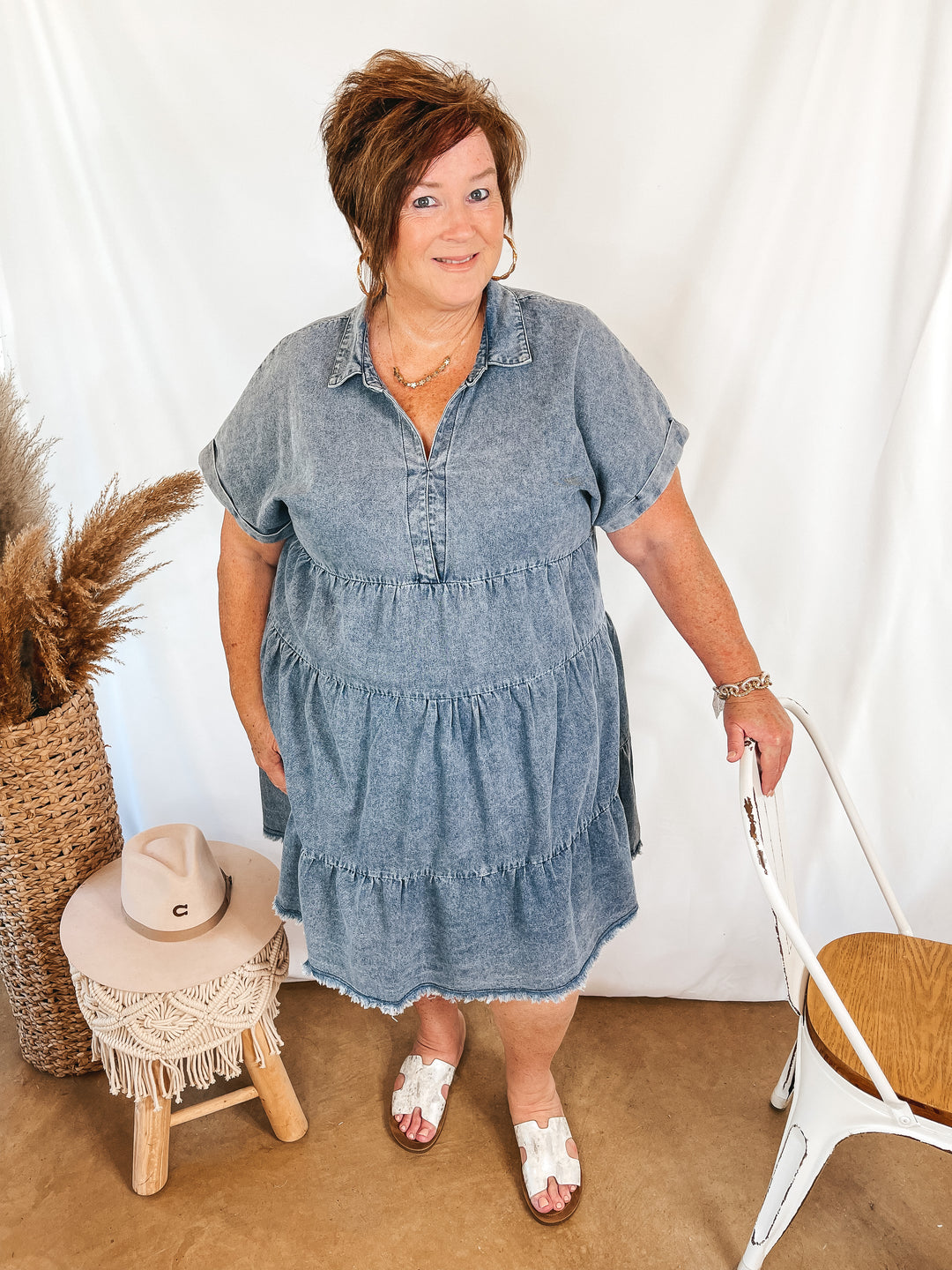 Wait List Tiered Denim Dress with Collared Neckline in Medium Wash - Giddy Up Glamour Boutique