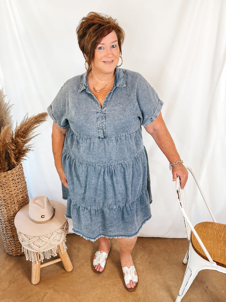 Wait List Tiered Denim Dress with Collared Neckline in Medium Wash - Giddy Up Glamour Boutique