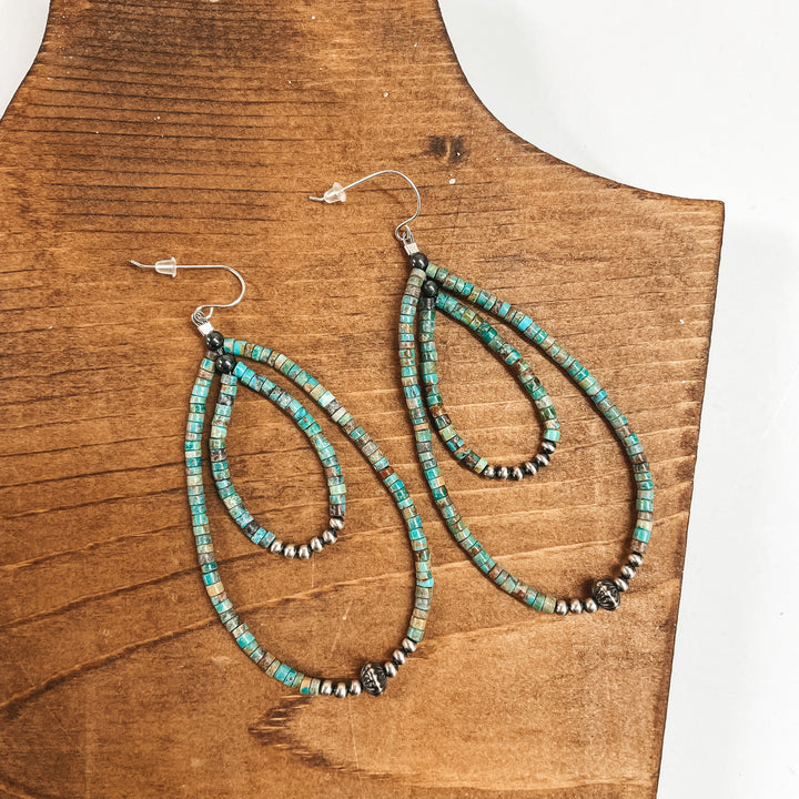 Navajo | Navajo Handmade Double Layered Turquoise Beaded Teardrop Earrings with Sterling Silver Navajo Pearls - Giddy Up Glamour Boutique
