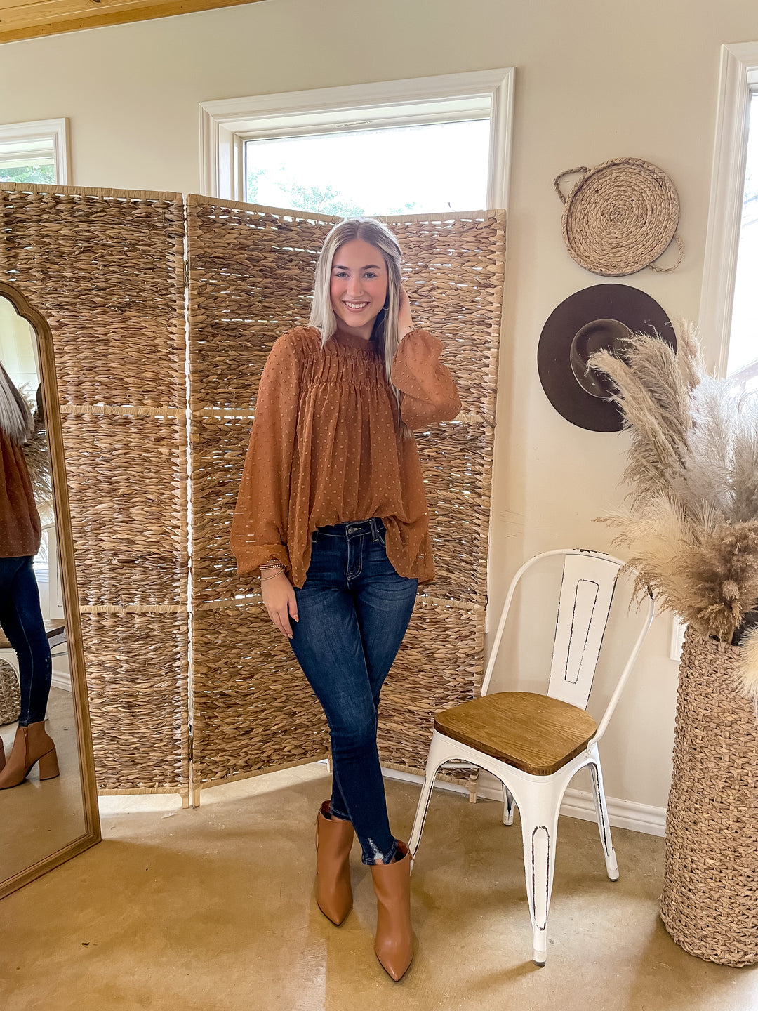 Lattes At The Lodge High Neck Swiss Dot Top in Rust Brown - Giddy Up Glamour Boutique