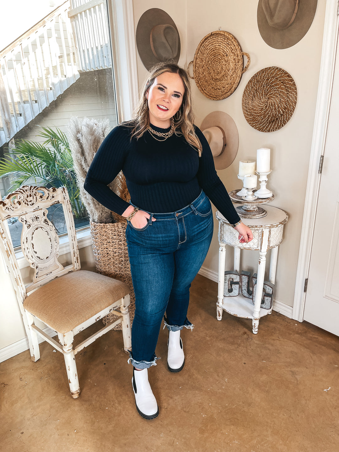 Take Me Somewhere High Neck Ribbed Long Sleeve Top in Black - Giddy Up Glamour Boutique