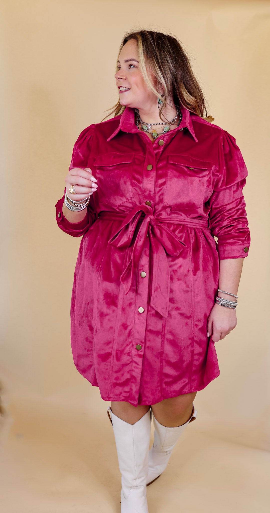 Free And Flirty Suede Button Up Dress with Waist Tie in Fuchsia Pink - Giddy Up Glamour Boutique