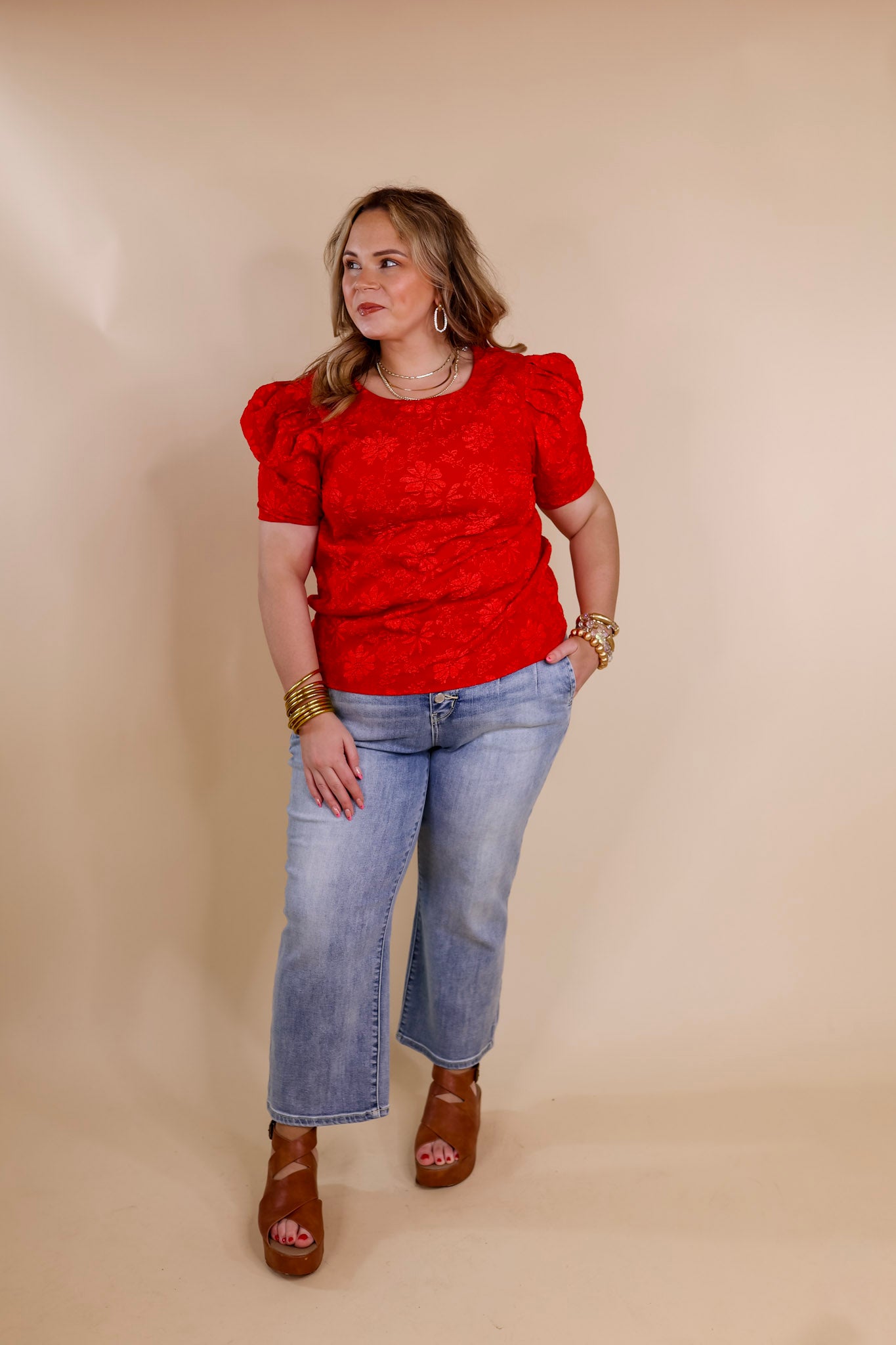 Fab Feeling Puff Shoulder Floral Embossed Top in Red - Giddy Up Glamour Boutique